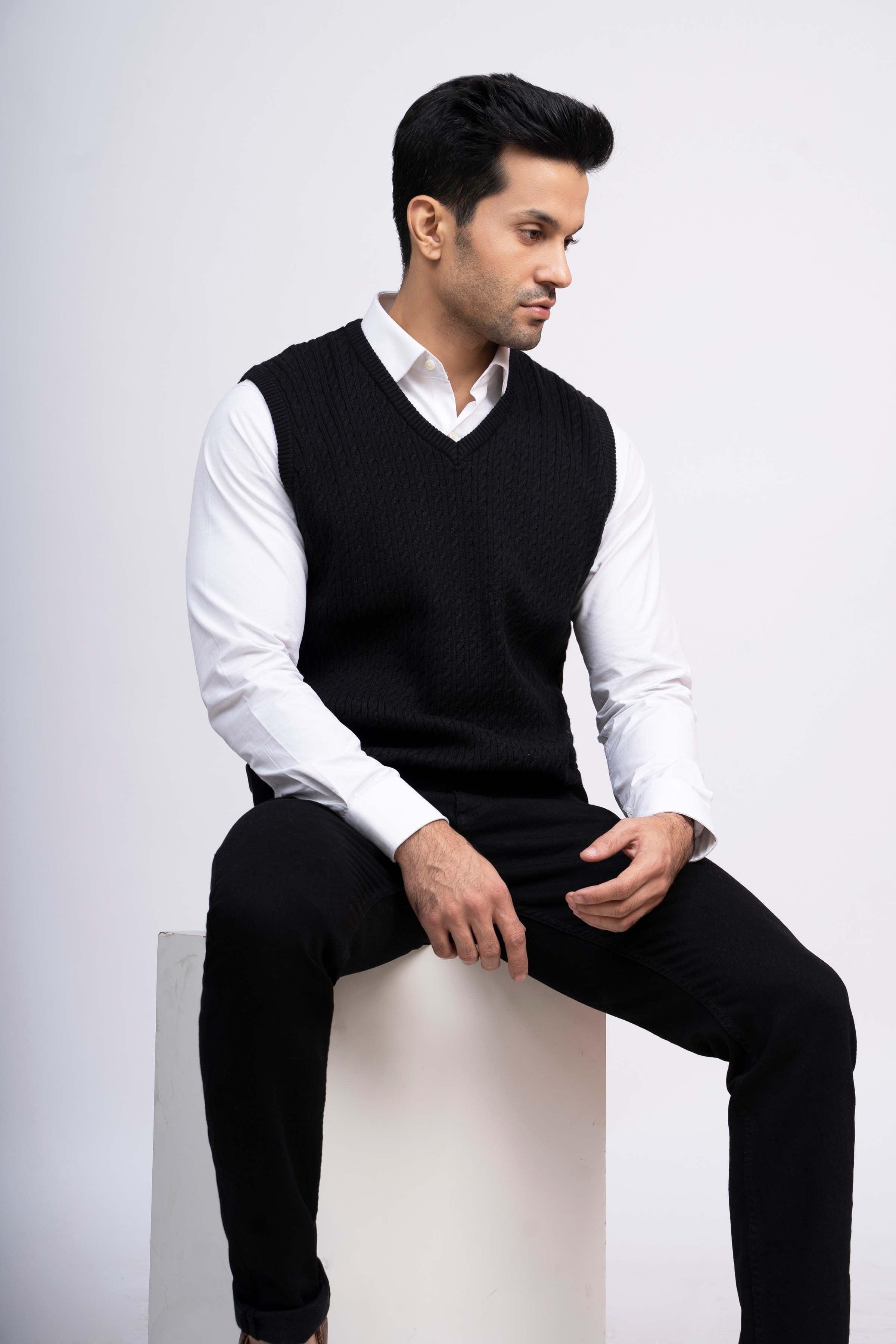 SWEATER CABLE TIPPING SLEEVES LESS BLACK at Charcoal Clothing