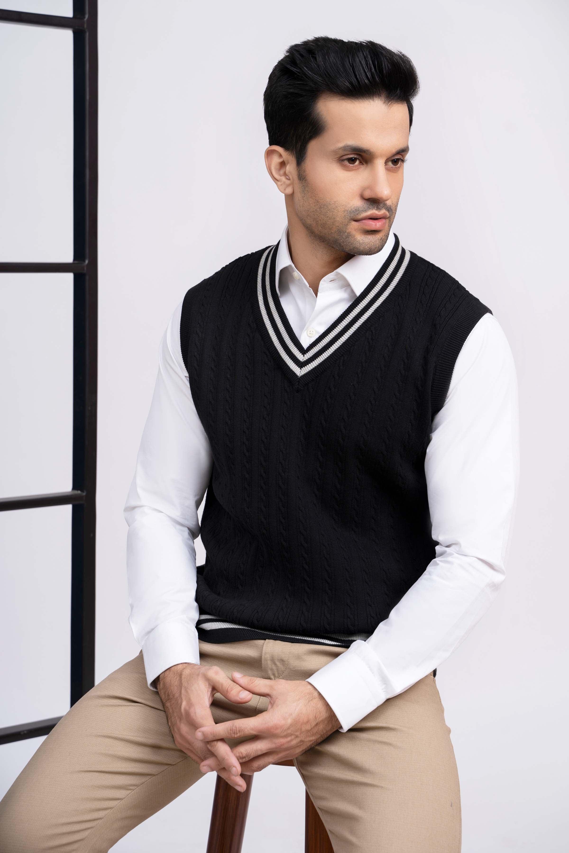 SWEATER CABLE TIPPING SLEEVES LESS BLACK at Charcoal Clothing