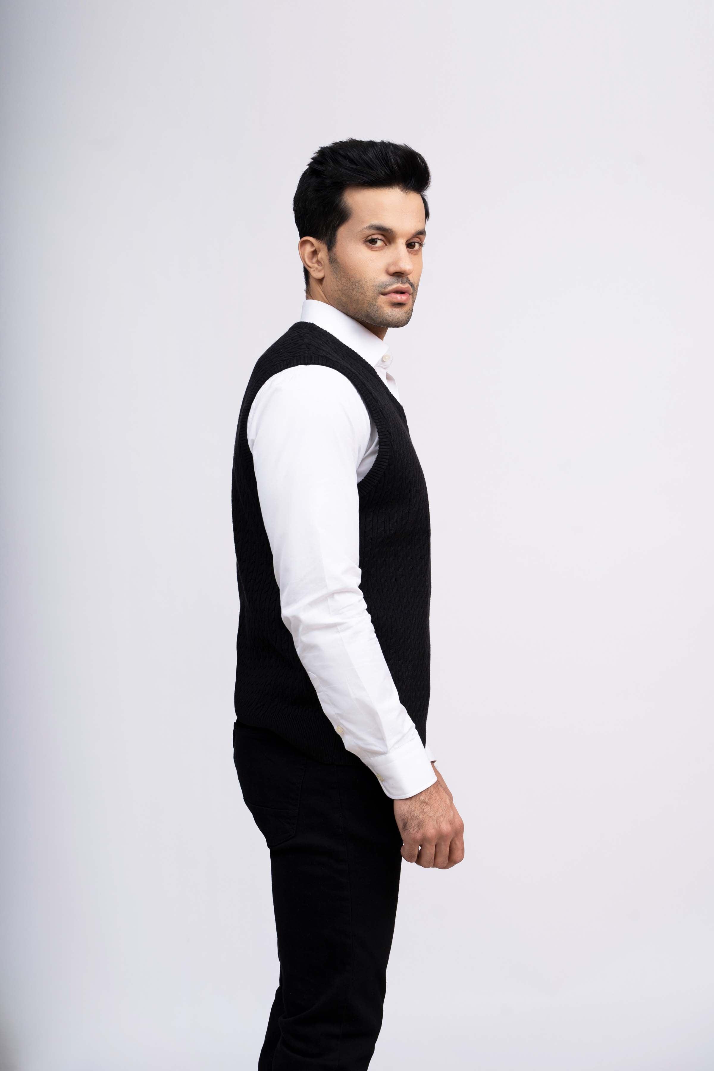 SWEATER CABLE TIPPING SLEEVES LESS BLACK at Charcoal Clothing