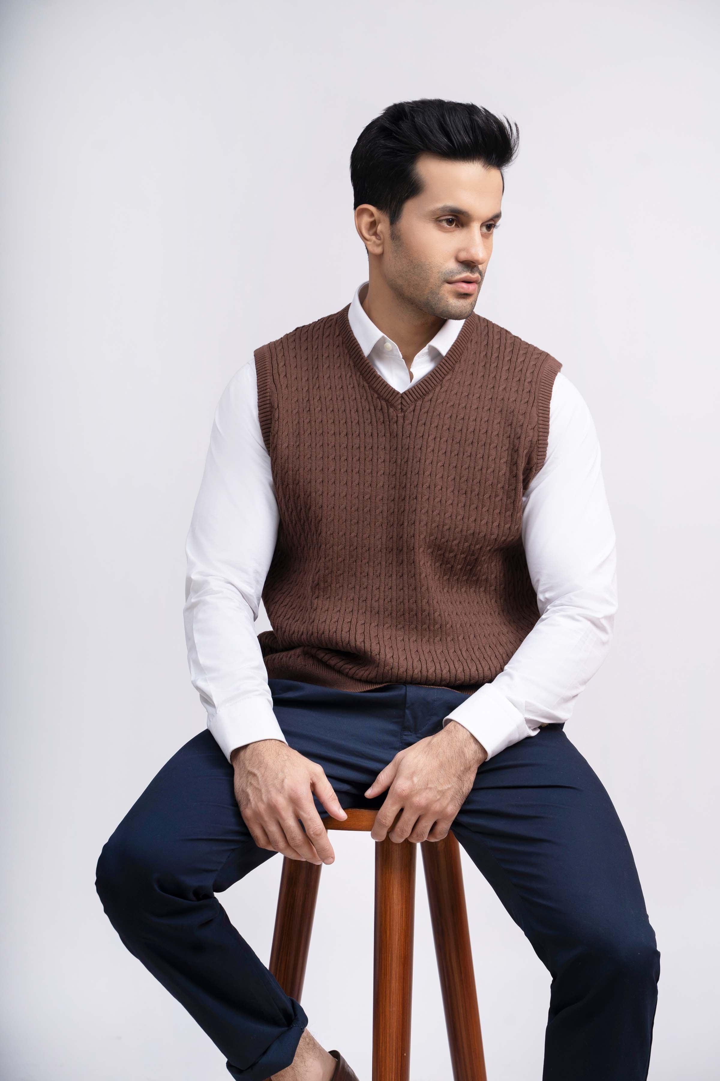 SWEATER CABLE TIPPING SLEEVES LESS BROWN at Charcoal Clothing