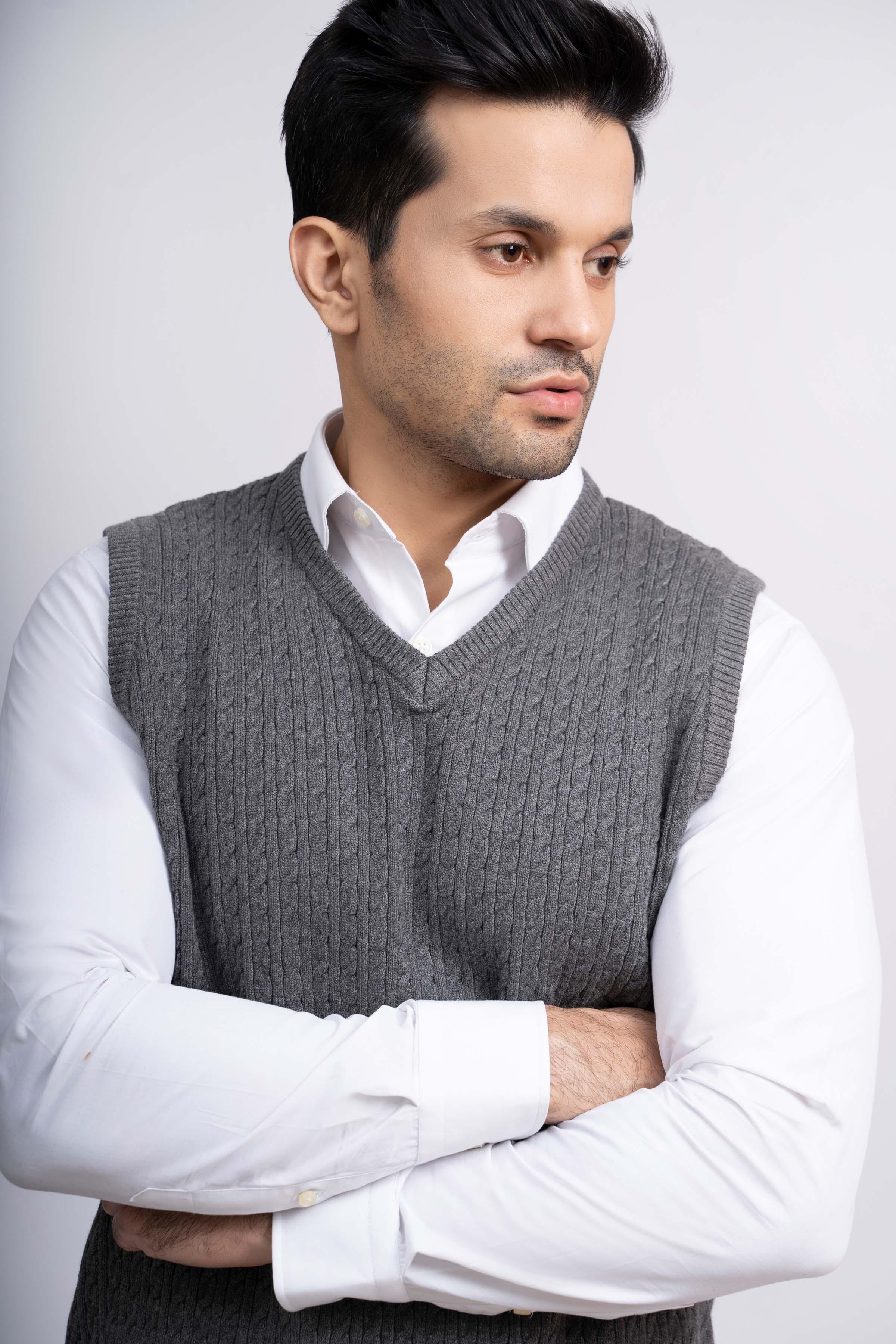 SWEATER CABLE TIPPING SLEEVES LESS GREY at Charcoal Clothing