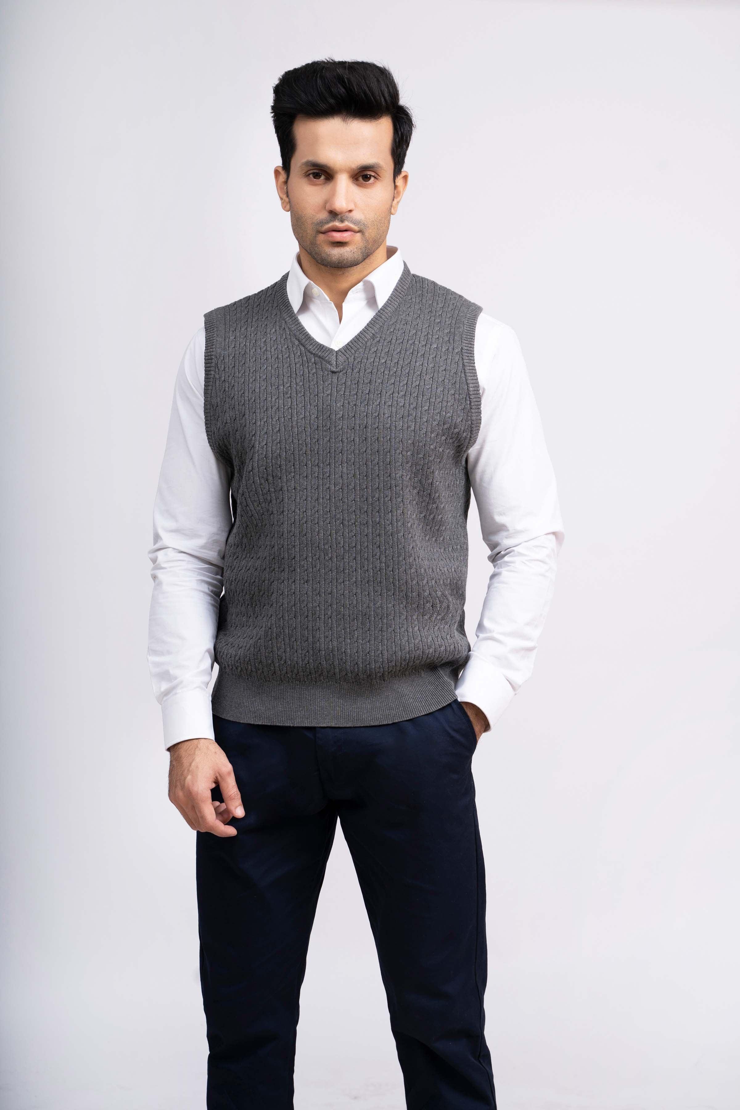 SWEATER CABLE TIPPING SLEEVES LESS GREY at Charcoal Clothing