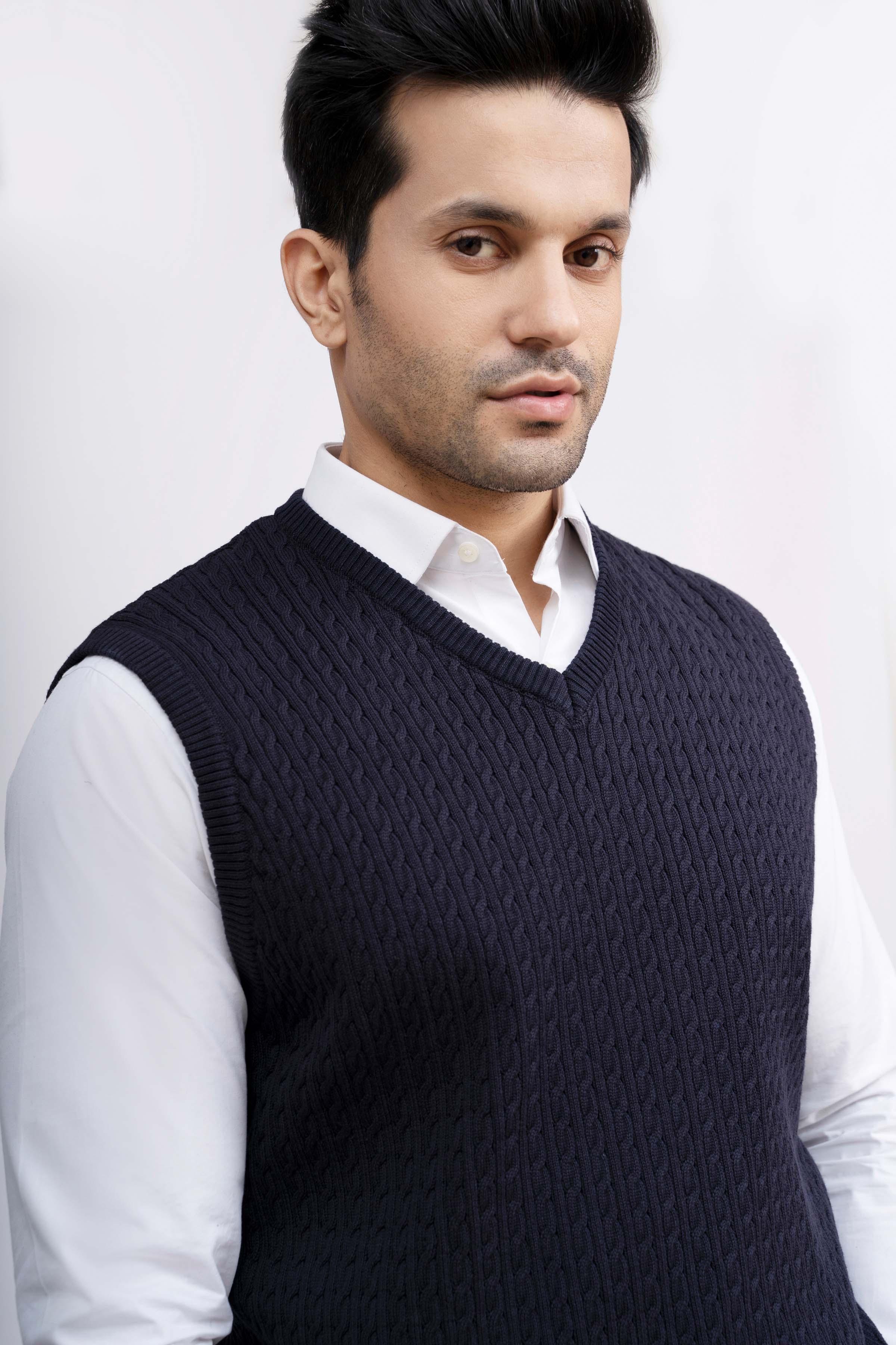 SWEATER CABLE TIPPING SLEEVES LESS NAVY at Charcoal Clothing