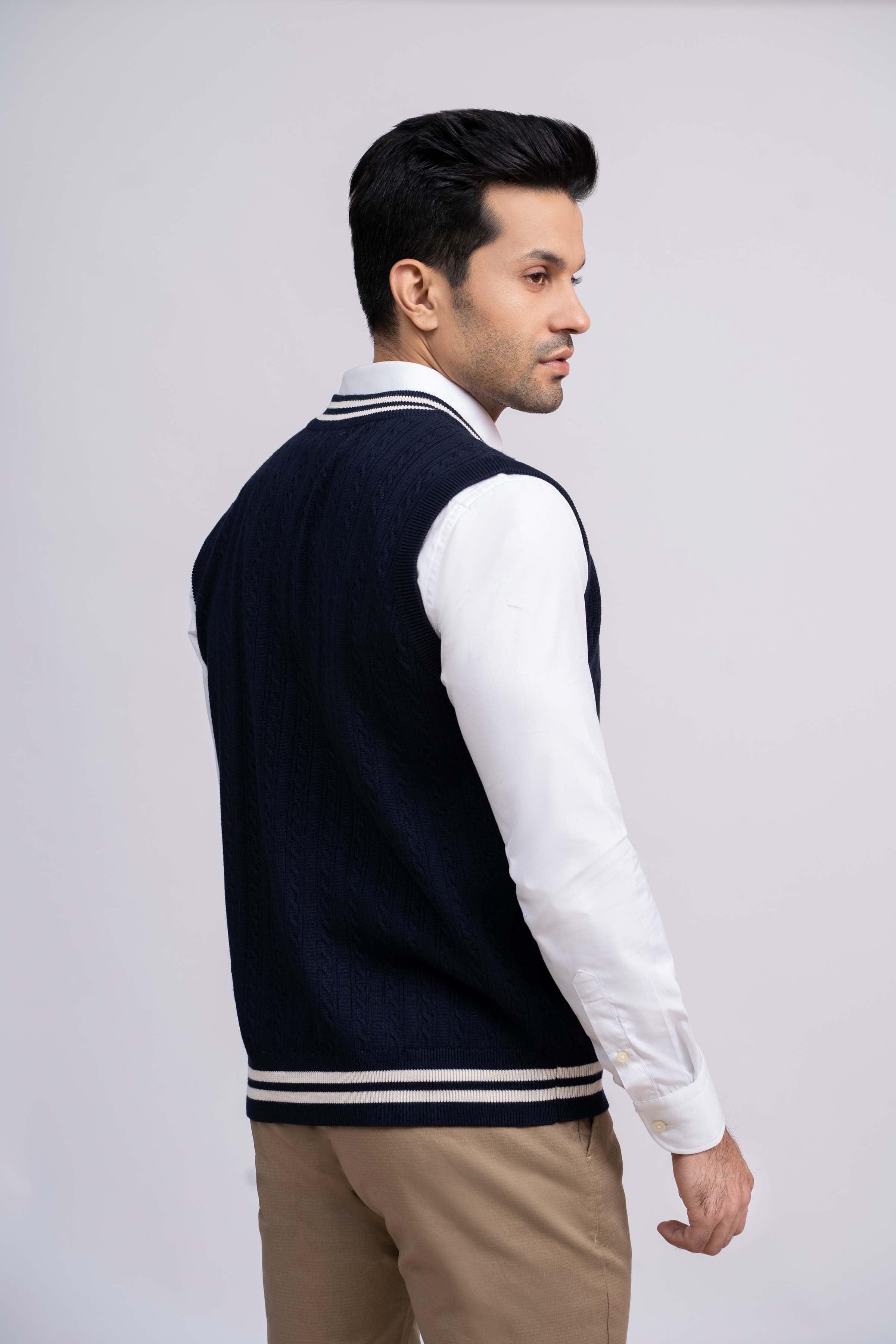 SWEATER CABLE TIPPING SLEEVES LESS NAVY at Charcoal Clothing