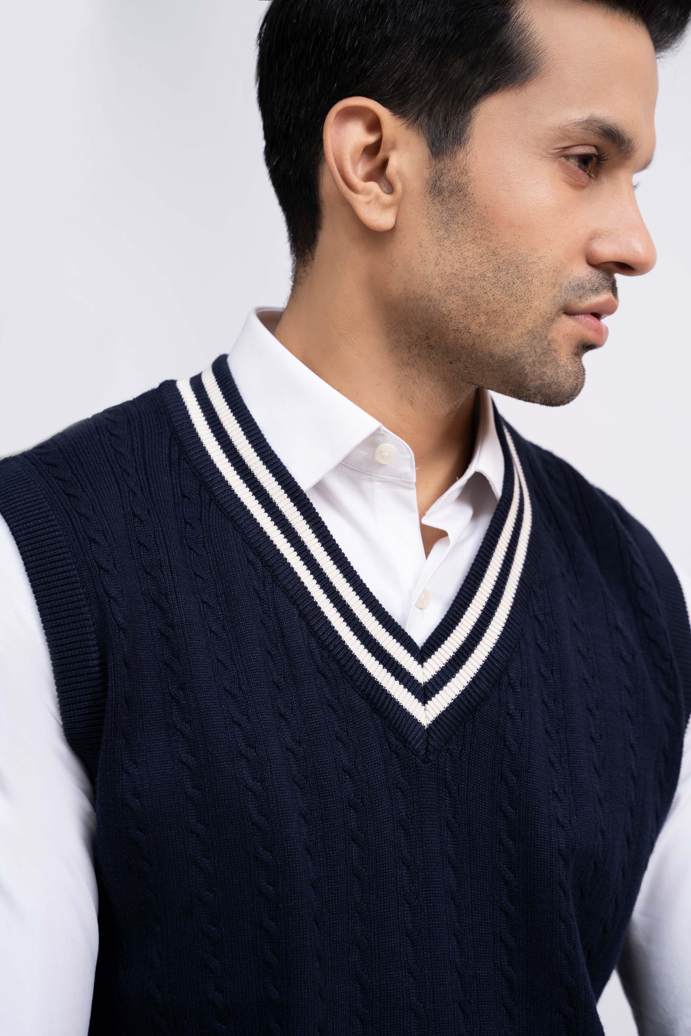 SWEATER CABLE TIPPING SLEEVES LESS NAVY at Charcoal Clothing