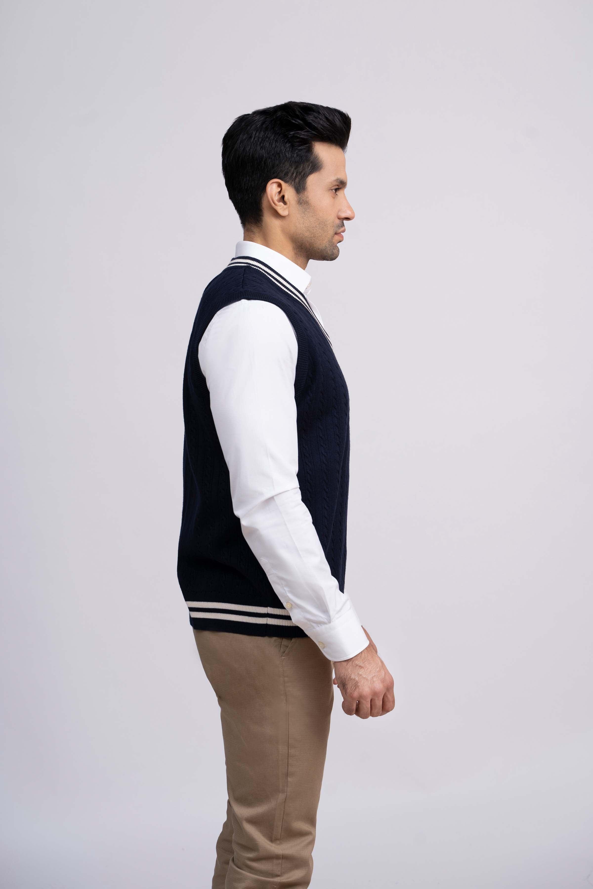 SWEATER CABLE TIPPING SLEEVES LESS NAVY at Charcoal Clothing