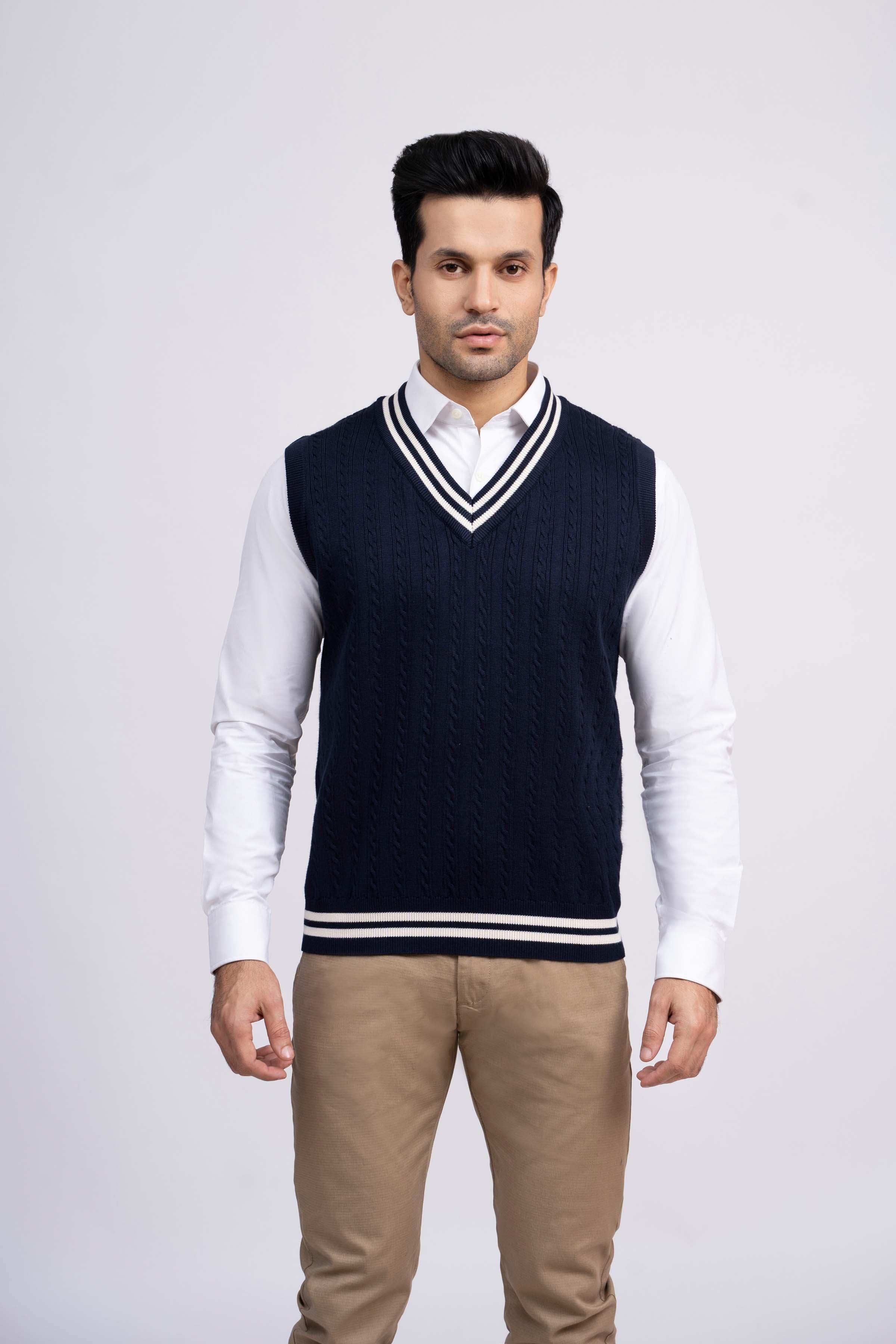 SWEATER CABLE TIPPING SLEEVES LESS NAVY at Charcoal Clothing