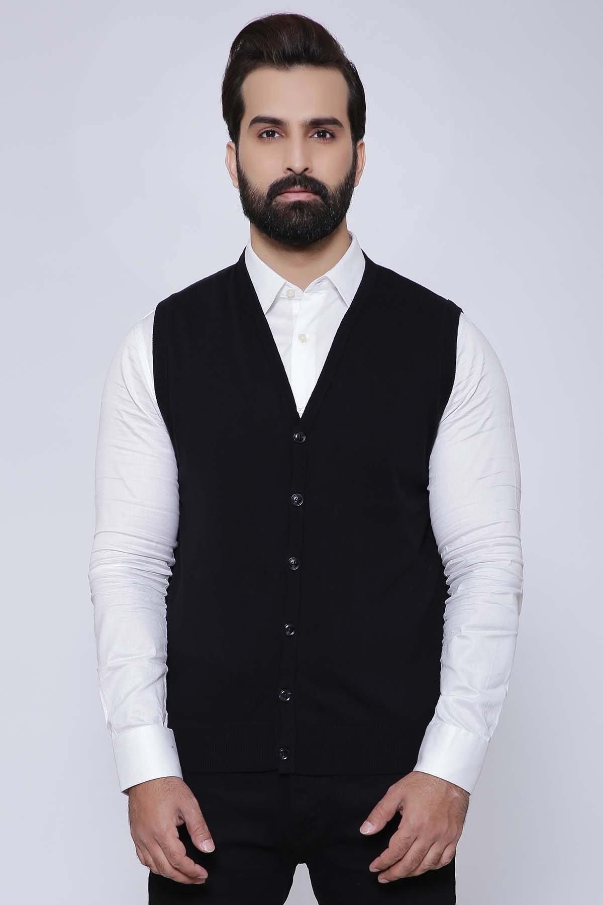 Black sleeveless cardigan vest with V-neck, button front, and ribbed trim