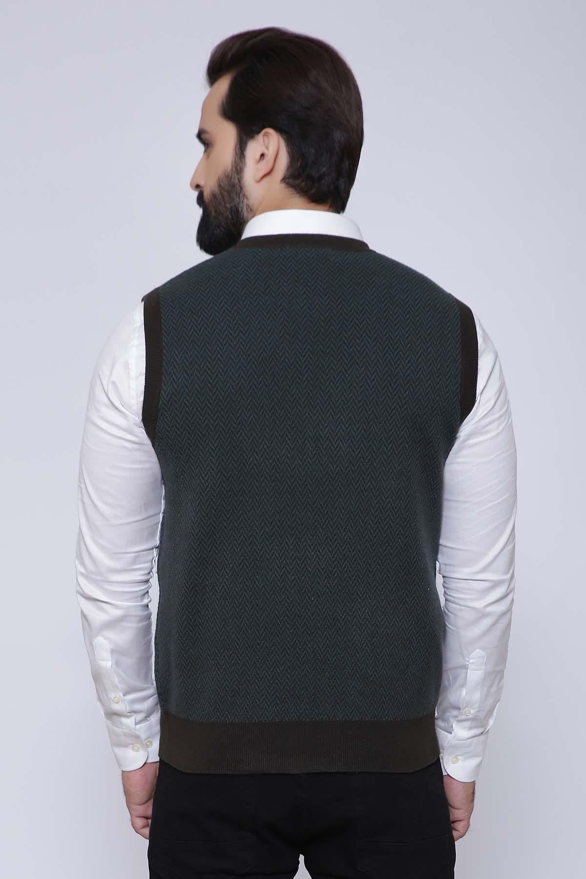 Sleeveless cardigan vest in dark green knit with V-neck and button placket, back view