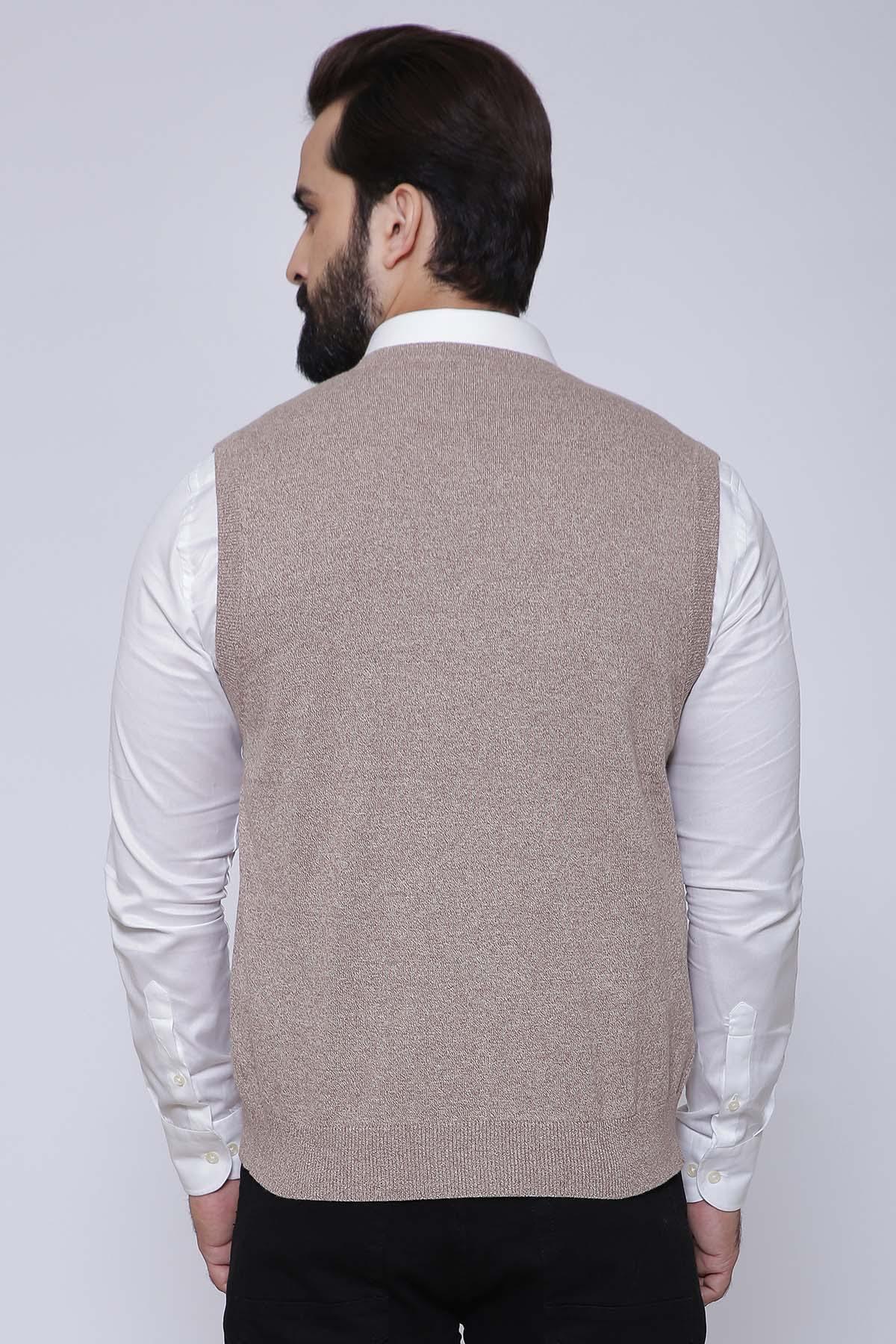 Khaki sleeveless sweater cardigan back view, textured knit with black buttons