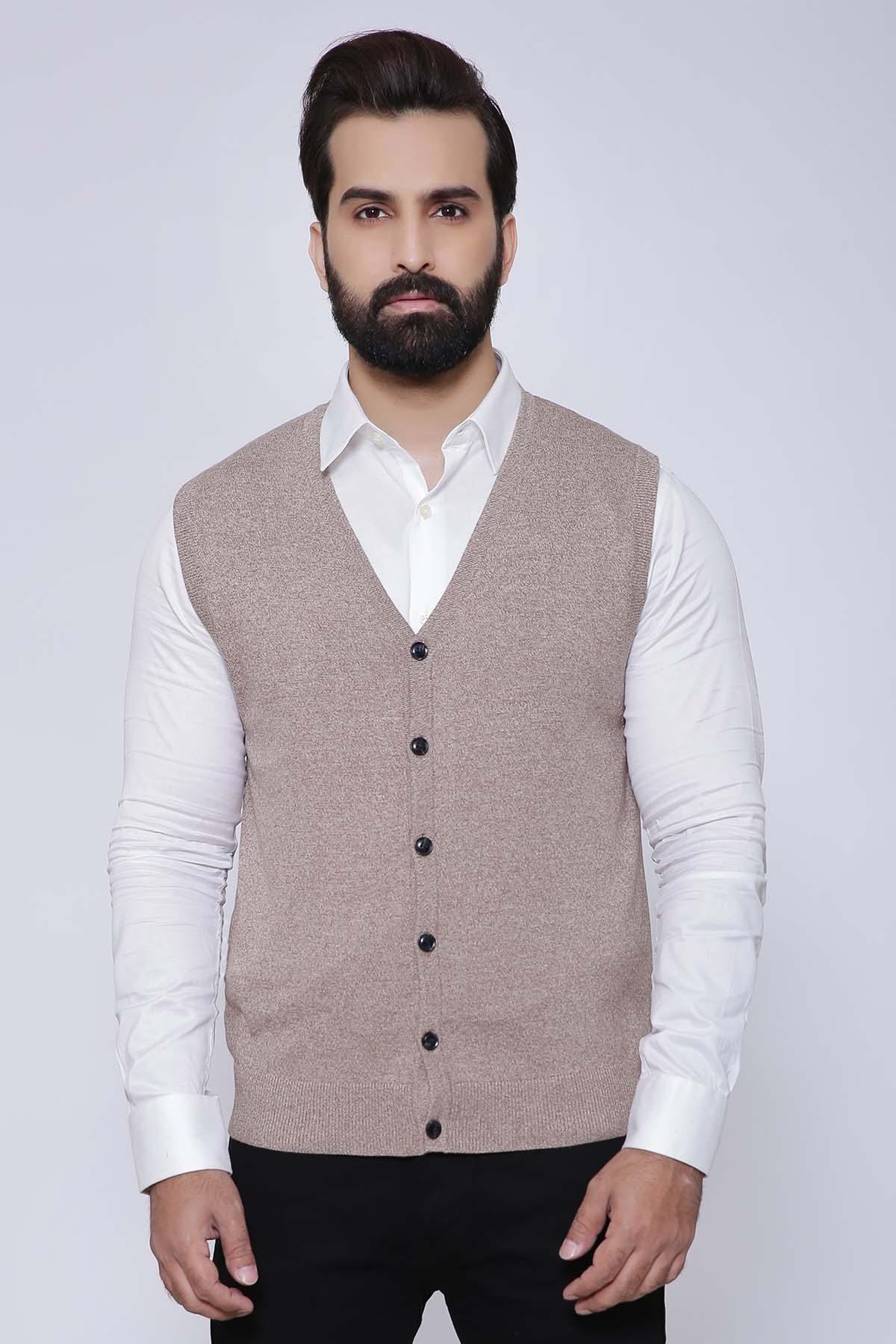 Khaki sleeveless sweater cardigan with button-front and V-neck