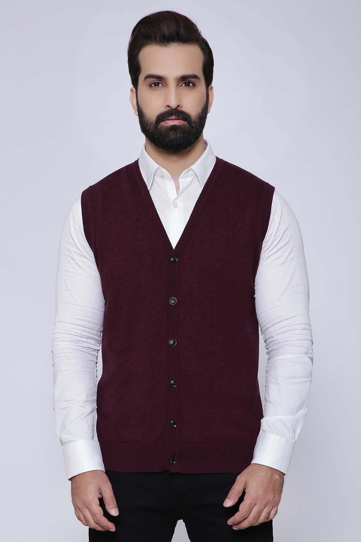 SWEATER CARDIGAN SLEEVE LESS MAROON at Charcoal Clothing