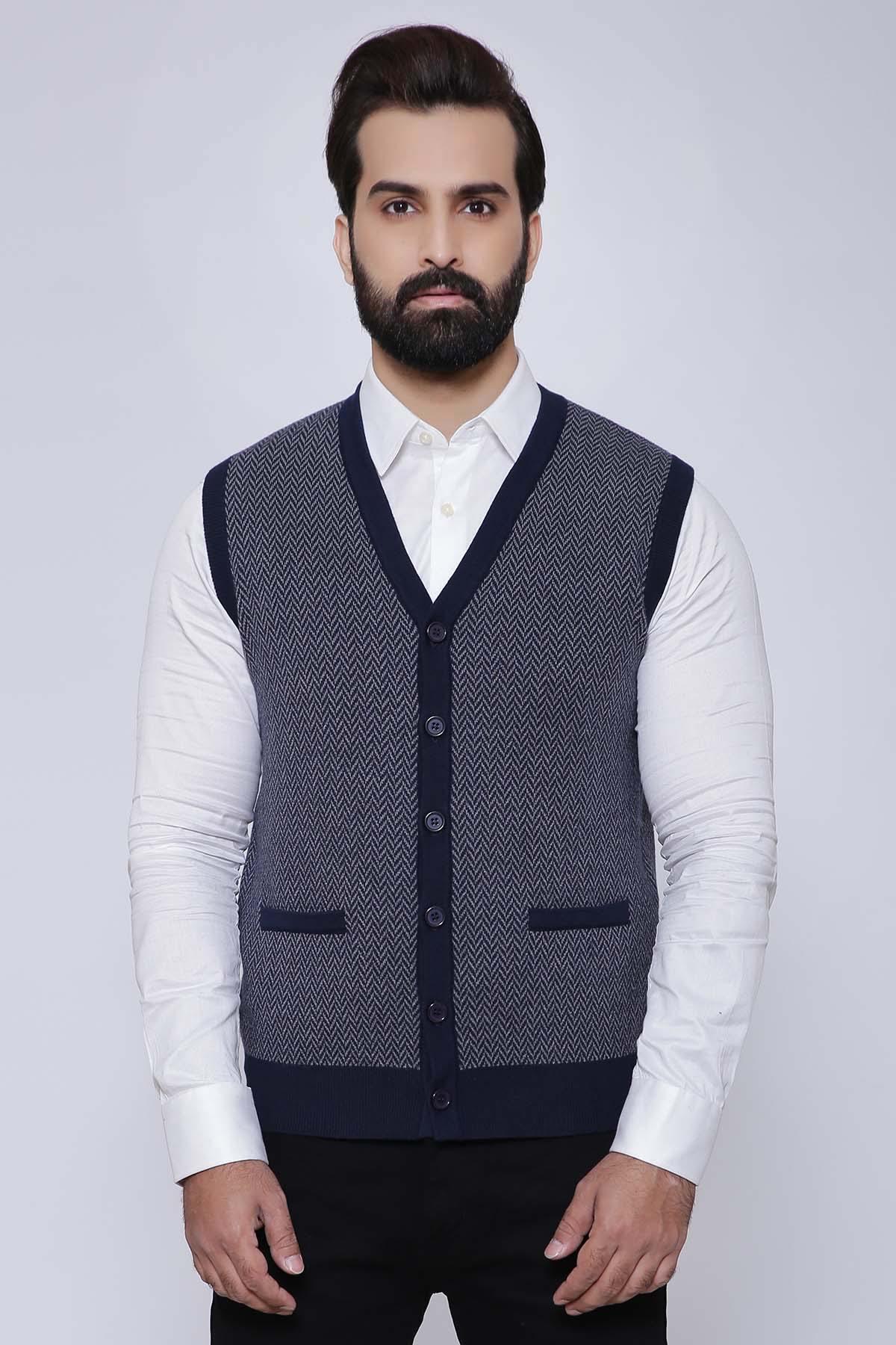 Sleeveless cardigan vest in dark navy-gray knit, V-neck, button front, flap pockets