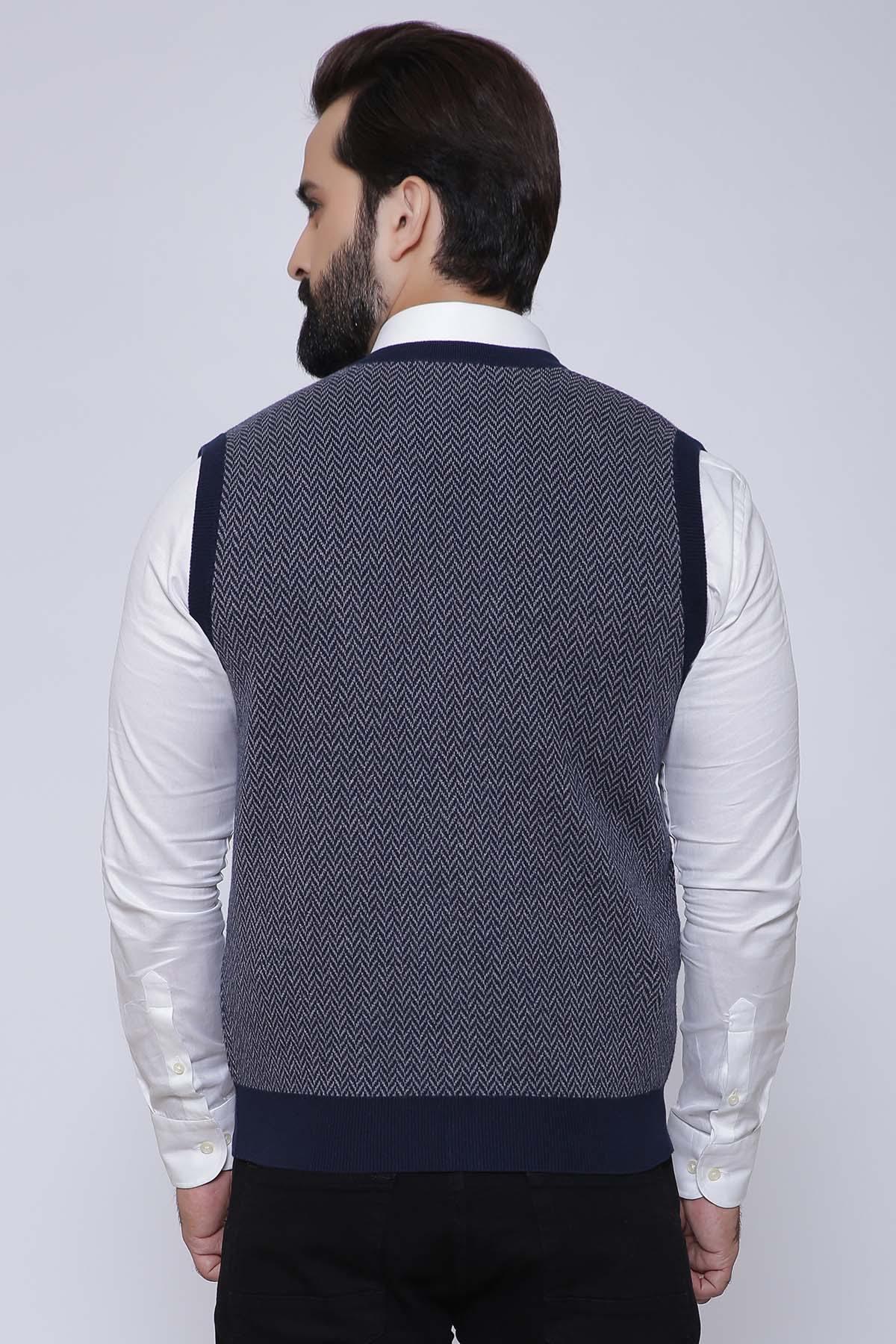 Sleeveless knit cardigan vest, navy-gray herringbone look, ribbed collar and hem