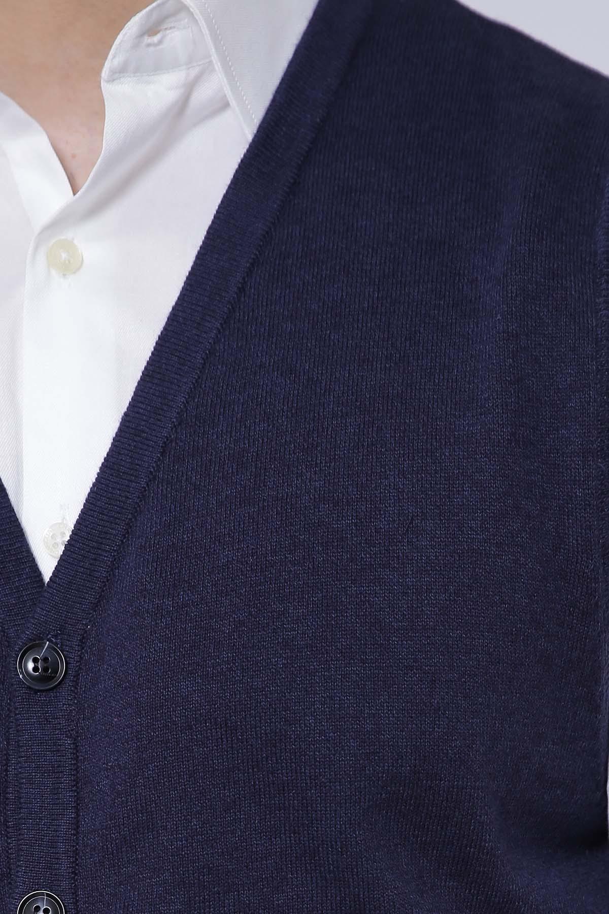 Navy sleeveless cardigan sweater vest knit texture with round buttons