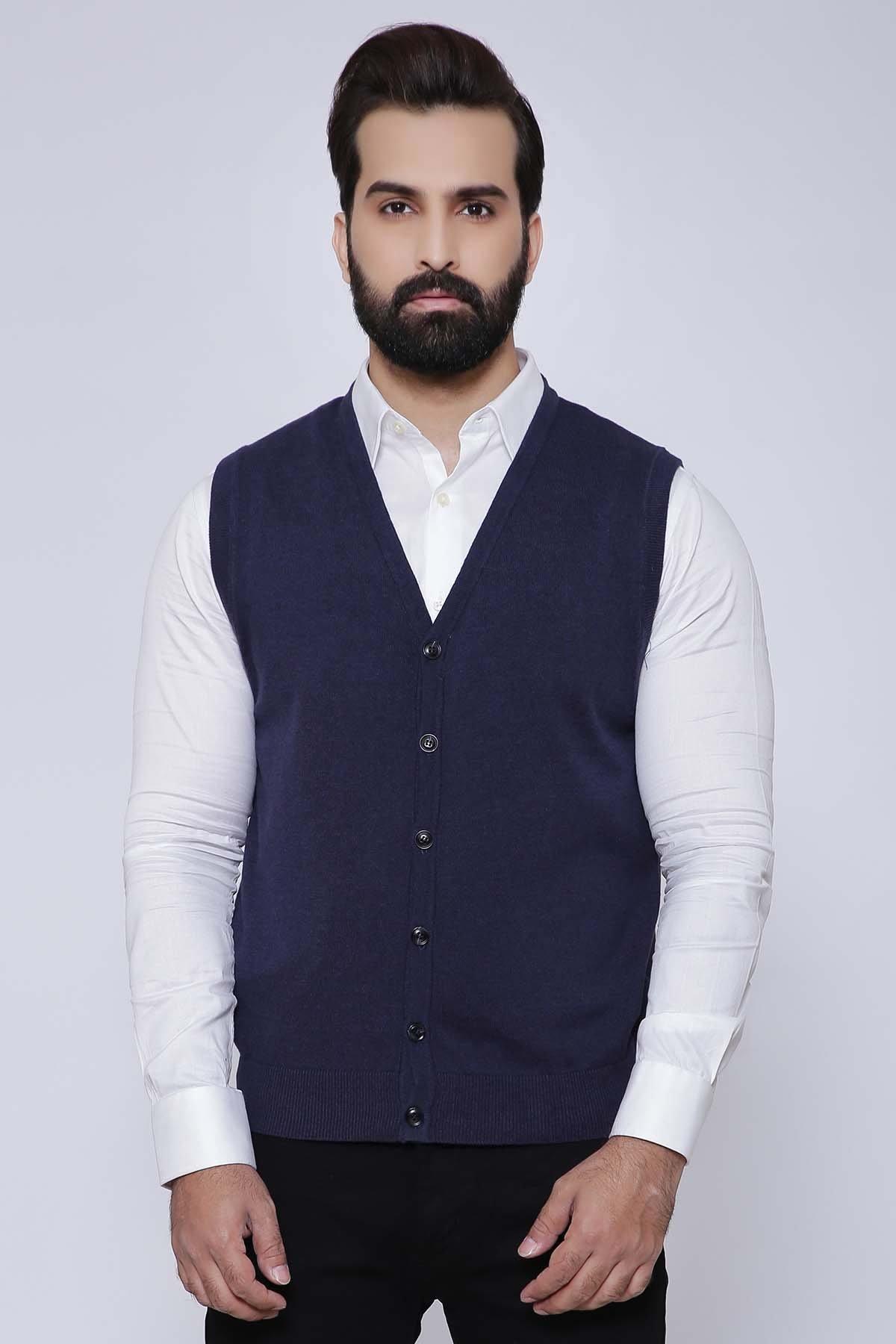 Navy sleeveless cardigan sweater vest with button front