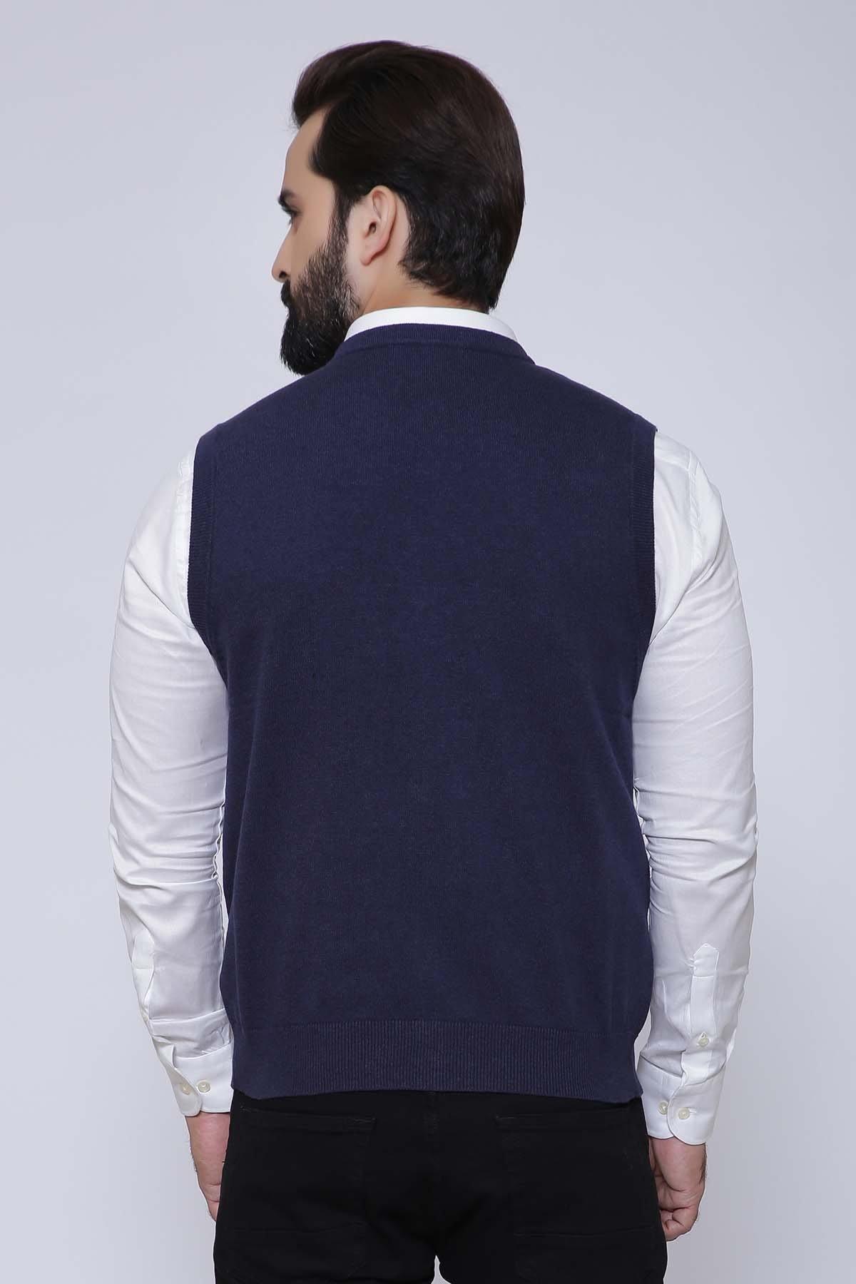 Navy sleeveless cardigan sweater vest from back with button closure
