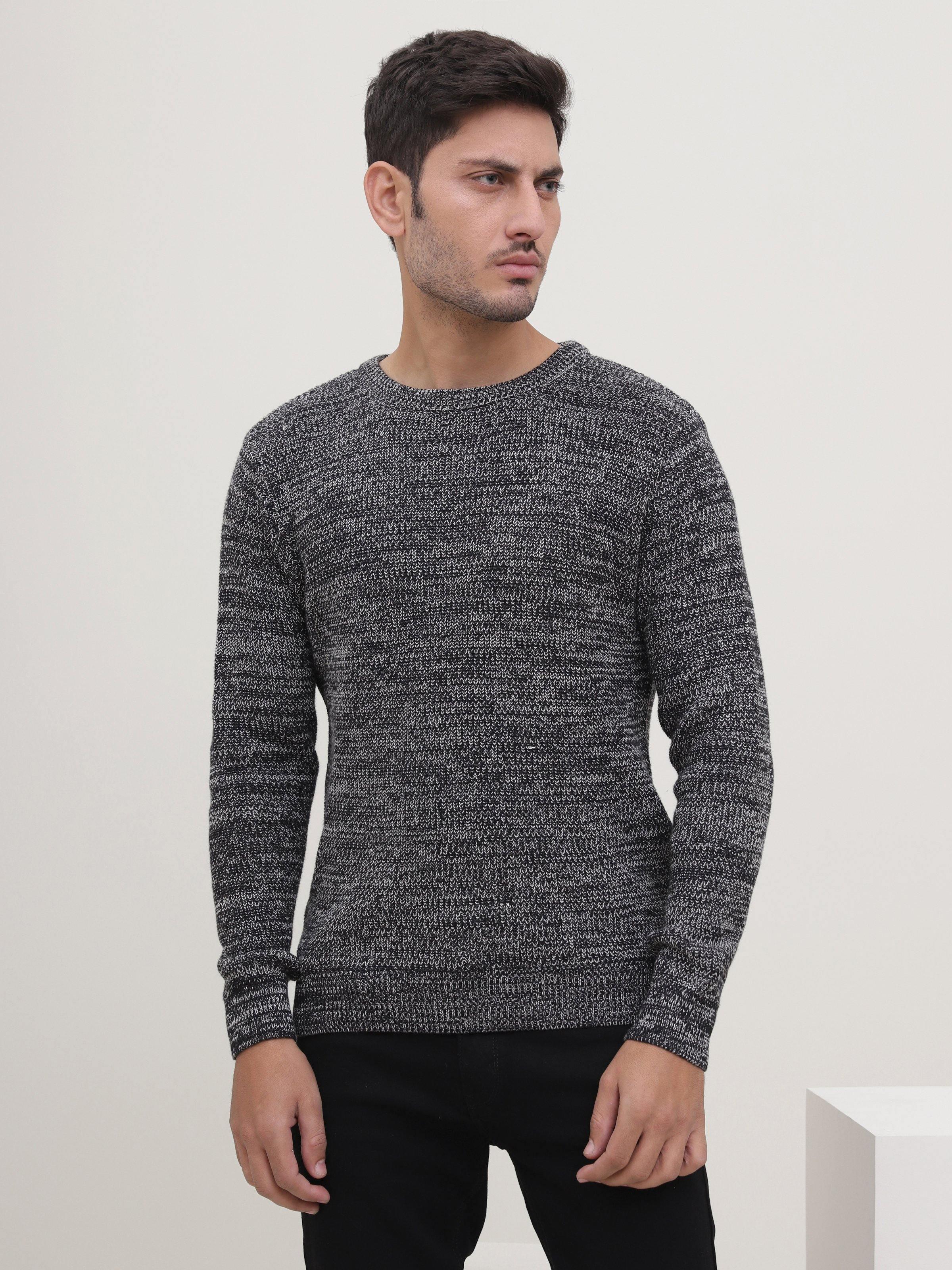 Crew-neck knit sweater in dark heather gray with long sleeves and ribbed cuffs