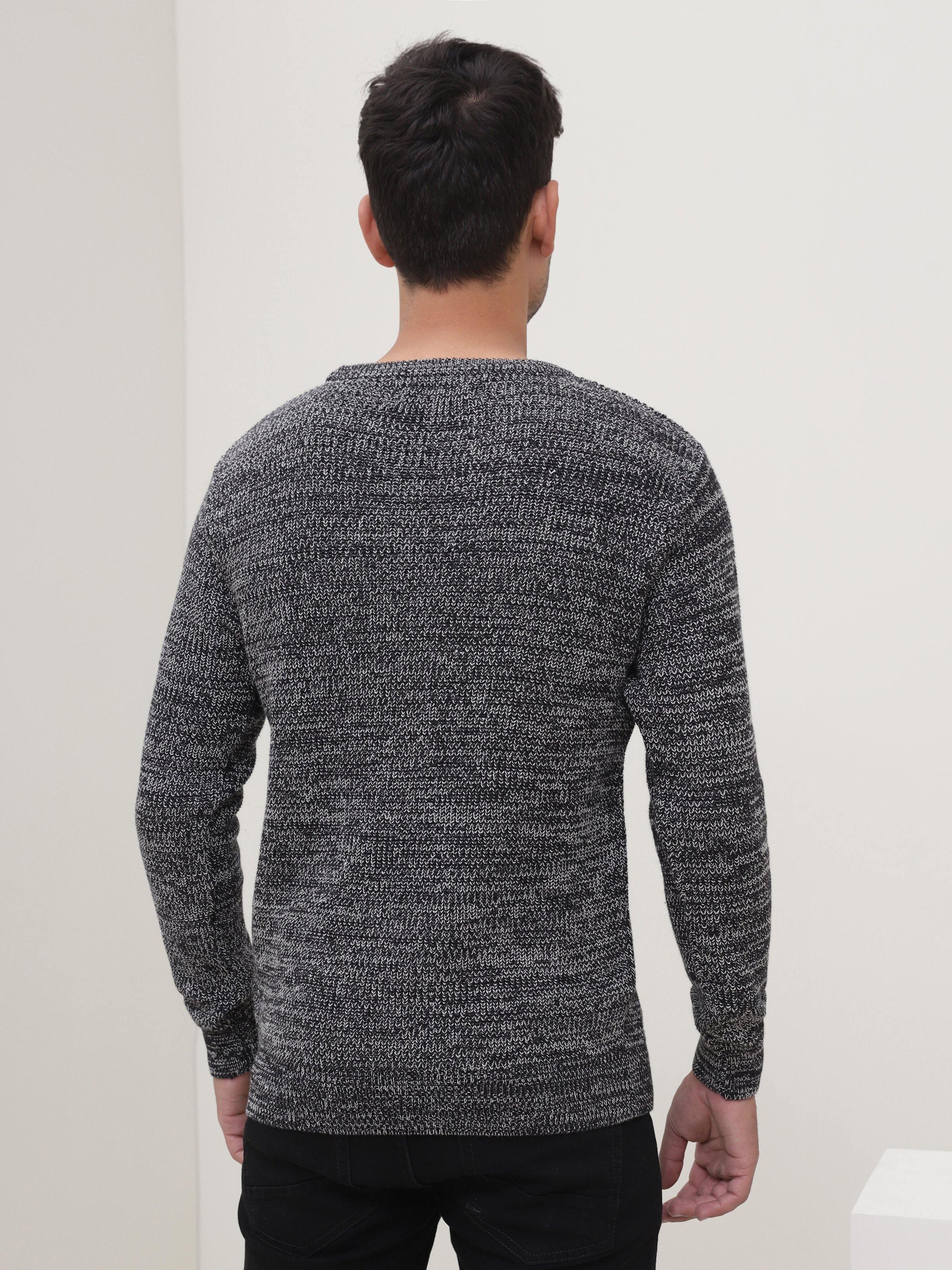 Crew-neck knit sweater in dark heather gray, back view, long sleeves