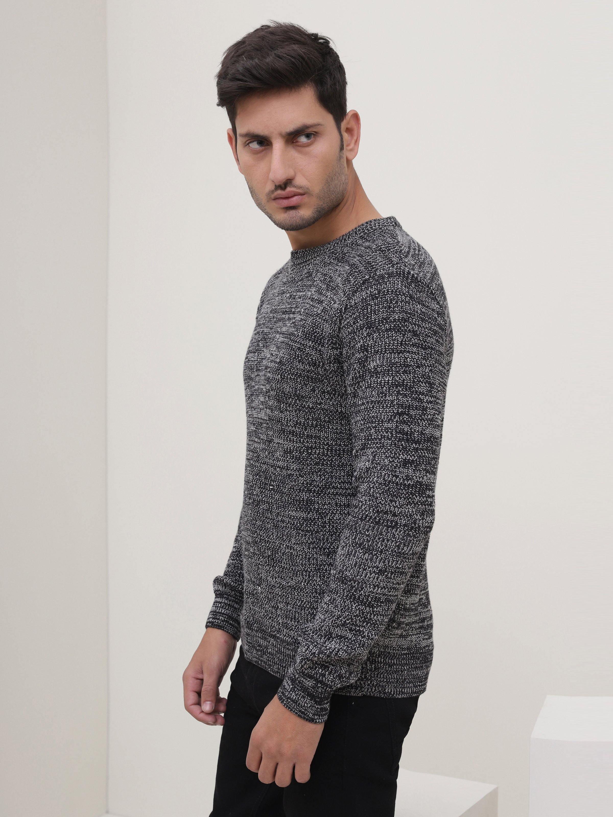 Crew-neck knit sweater, dark heather gray, long sleeves with ribbed cuffs