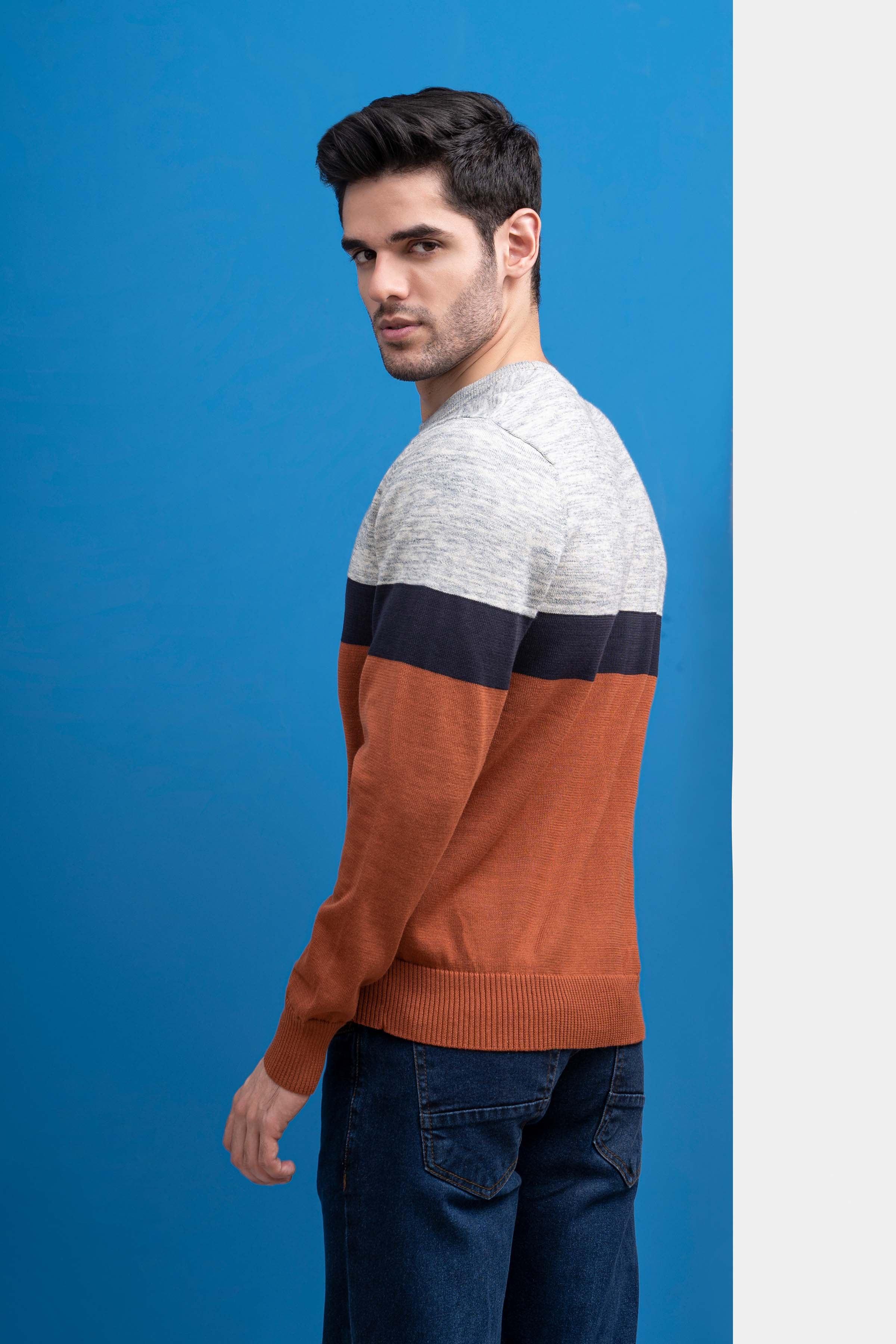SWEATER FORNT PANEL FULL SLEEVES RUST GREY at Charcoal Clothing