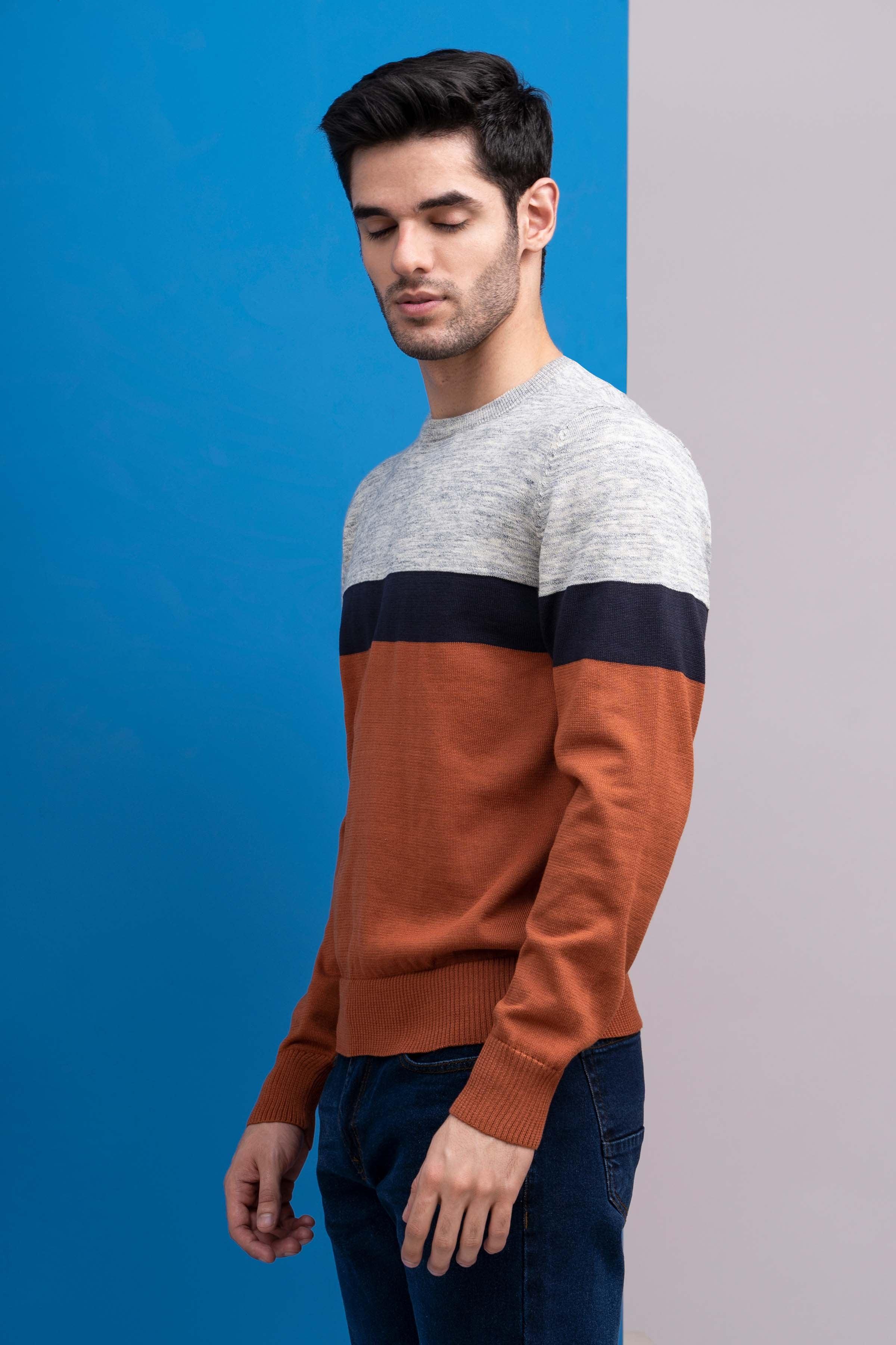 SWEATER FORNT PANEL FULL SLEEVES RUST GREY at Charcoal Clothing