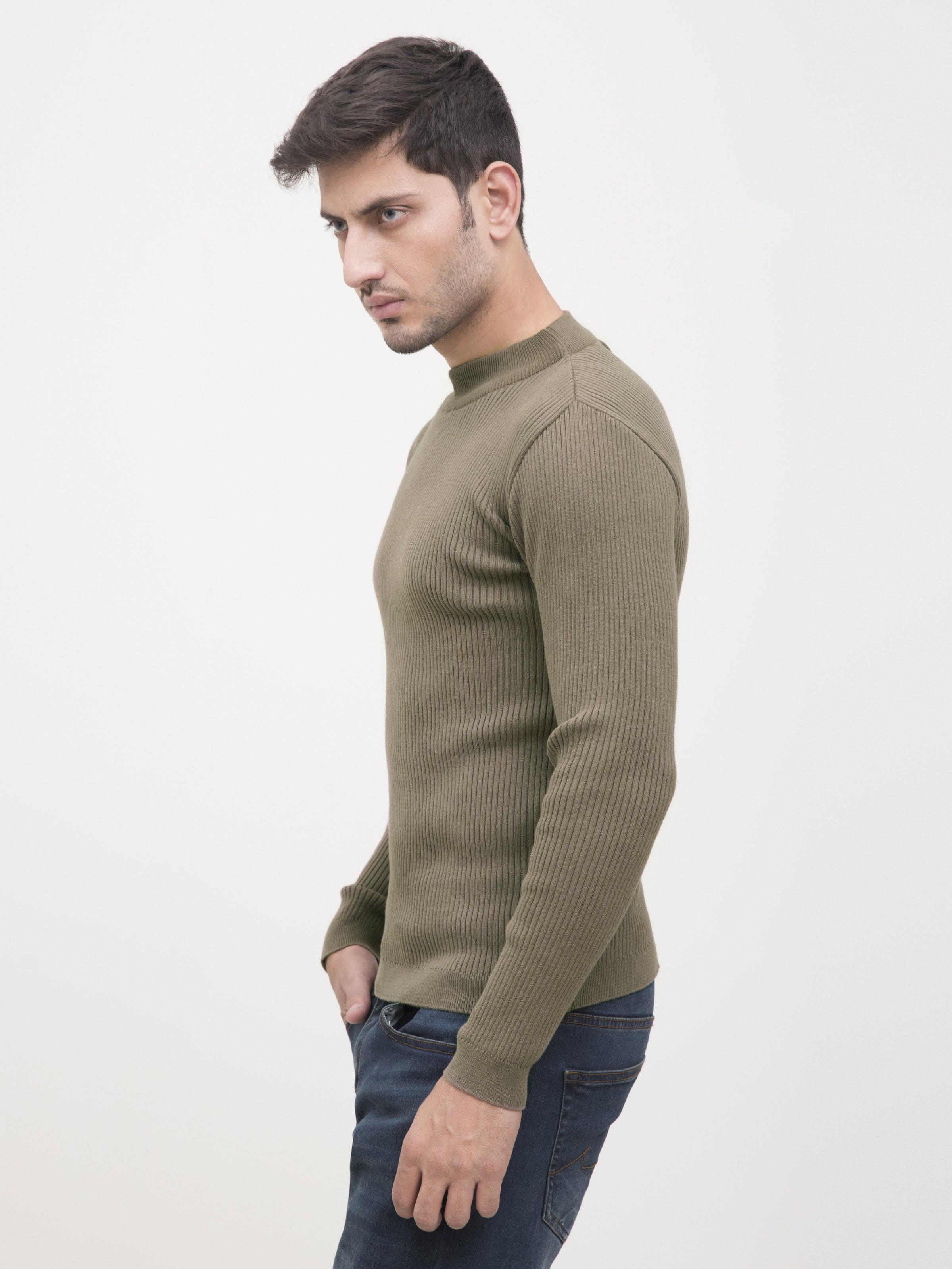 Men’s mock neck sweater, olive green ribbed knit with long sleeves and slim fit.