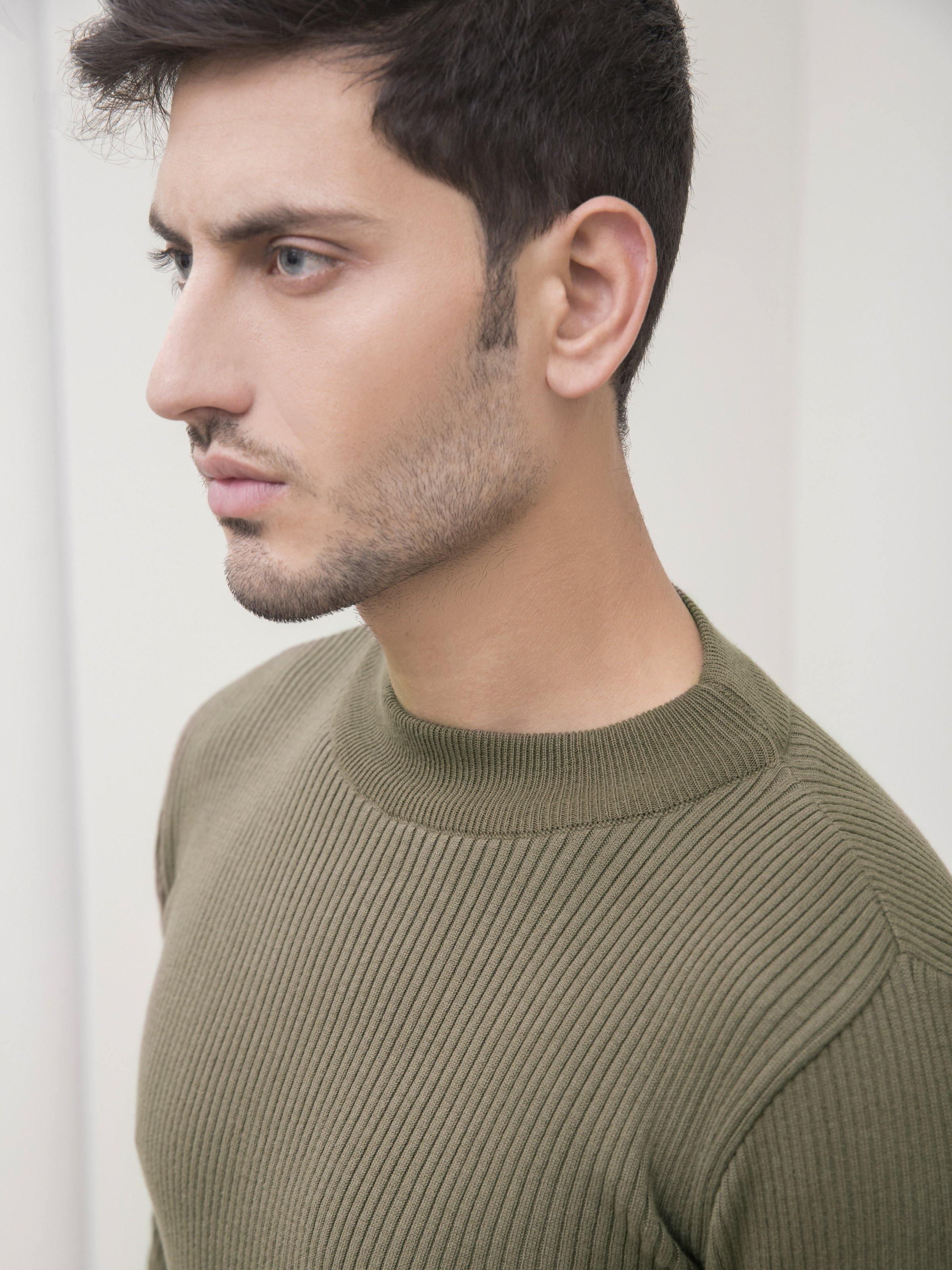 Men’s mock neck sweater detail in olive green, ribbed collar and knit texture close-up.