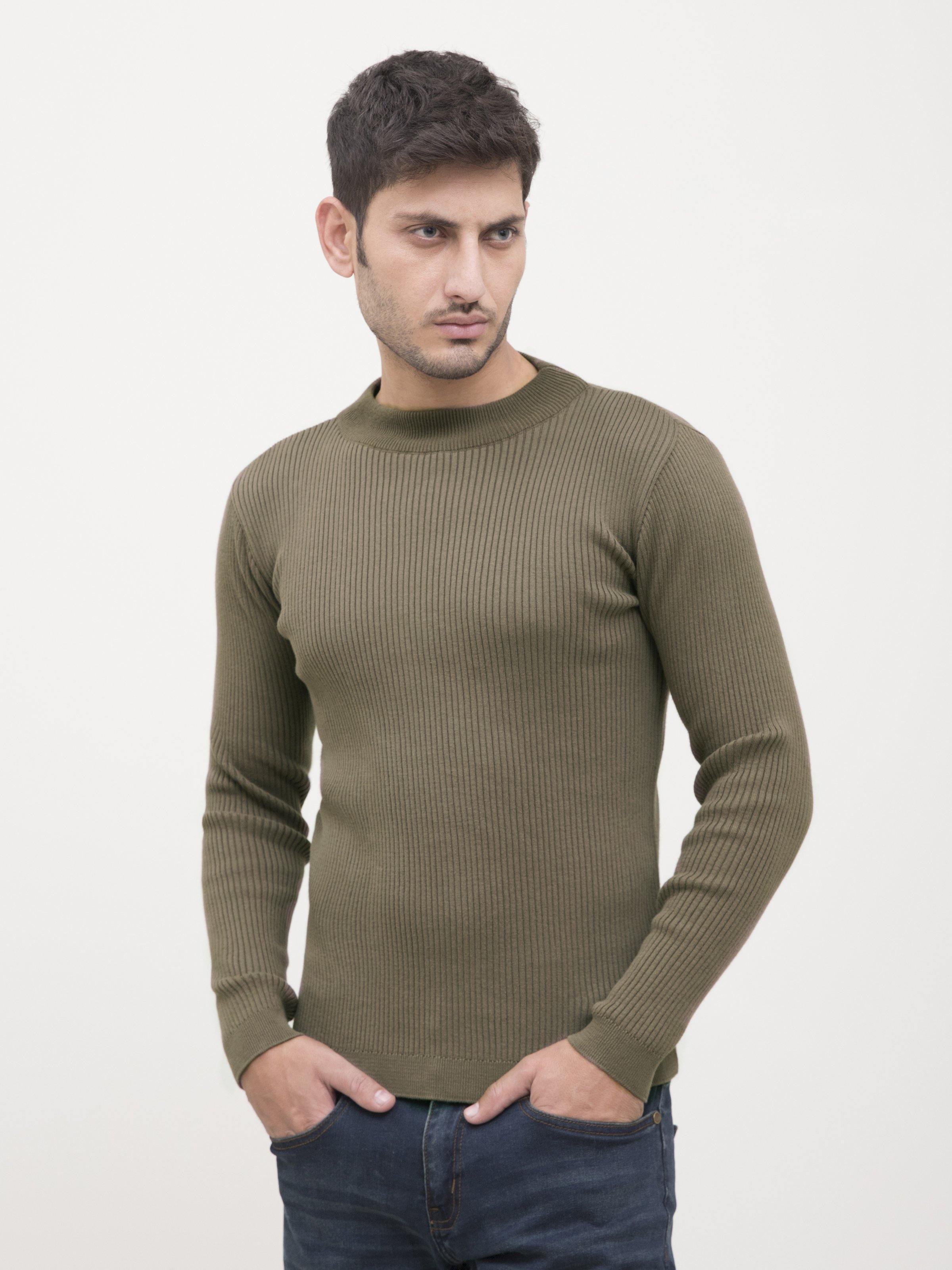 Men’s mock neck full-sleeve sweater in olive green, ribbed knit and crew neckline.