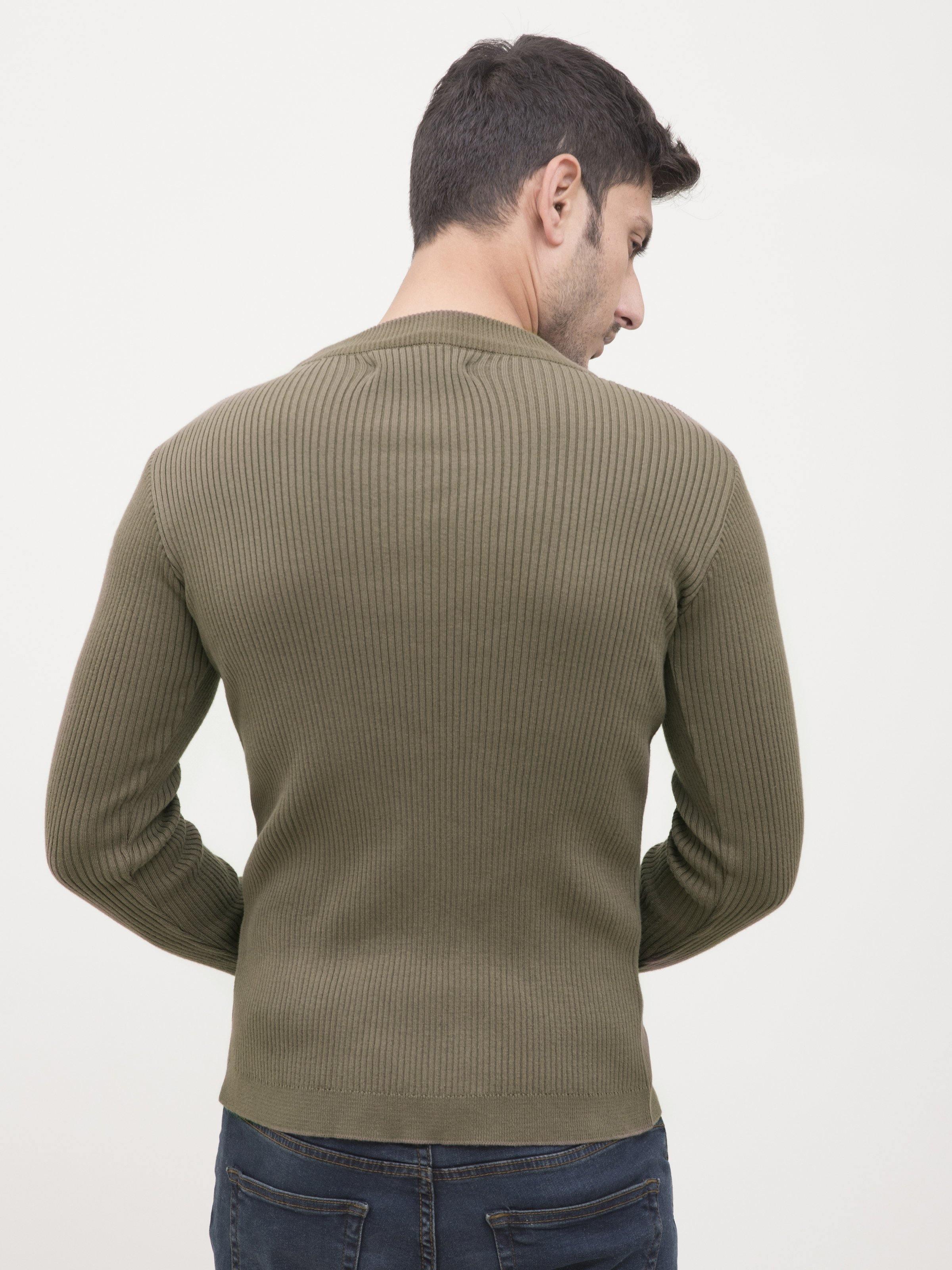 Men’s mock neck full-sleeve sweater in olive green, ribbed knit from back view.