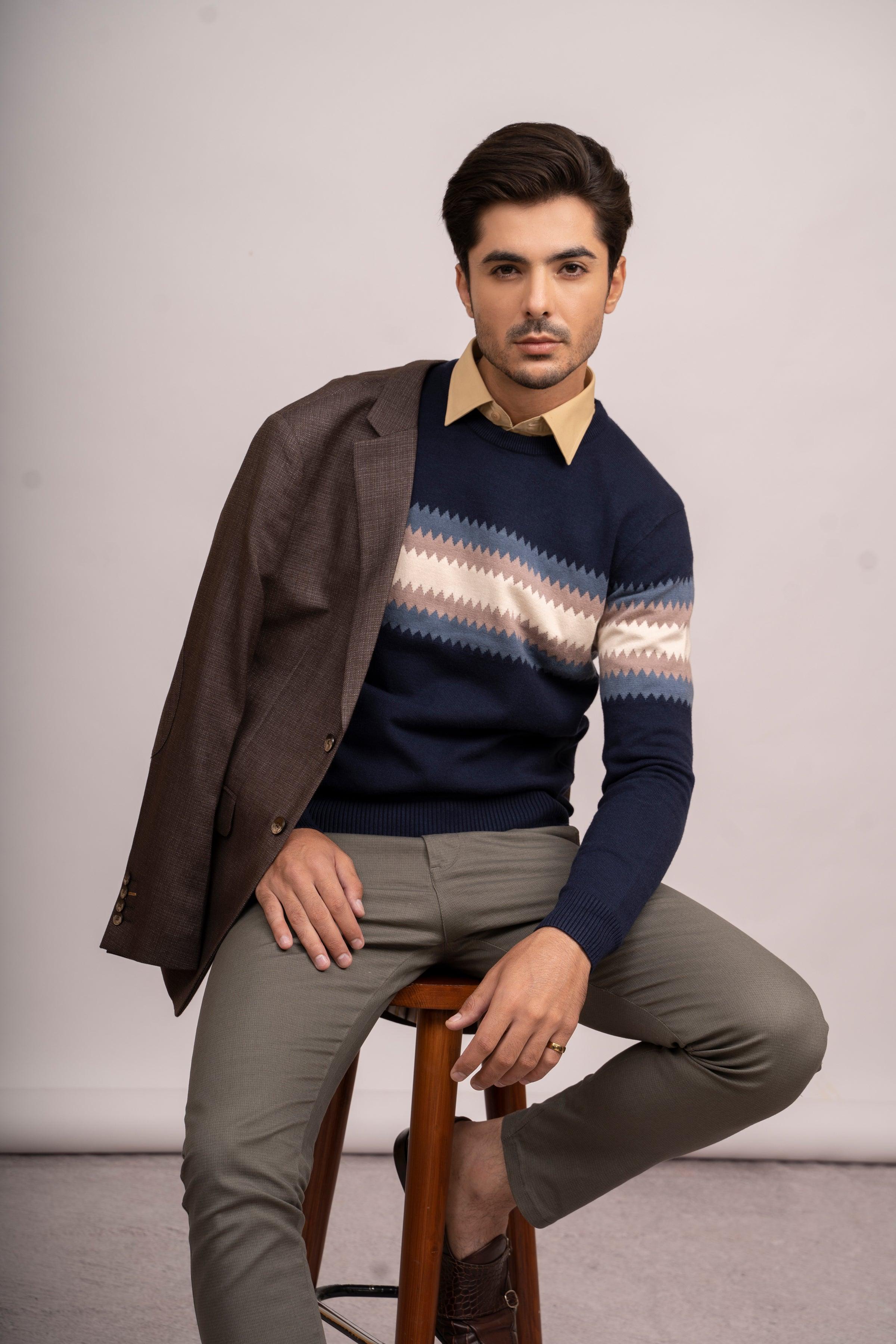 SWEATER R NECK F/L NAVY at Charcoal Clothing
