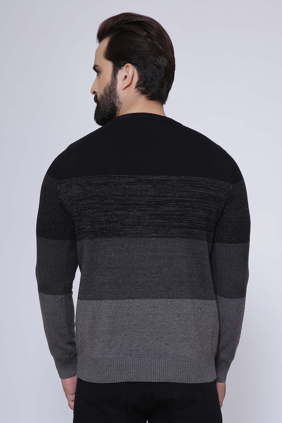 Round-neck sweater, back view, black and gray horizontal color blocks, long sleeves