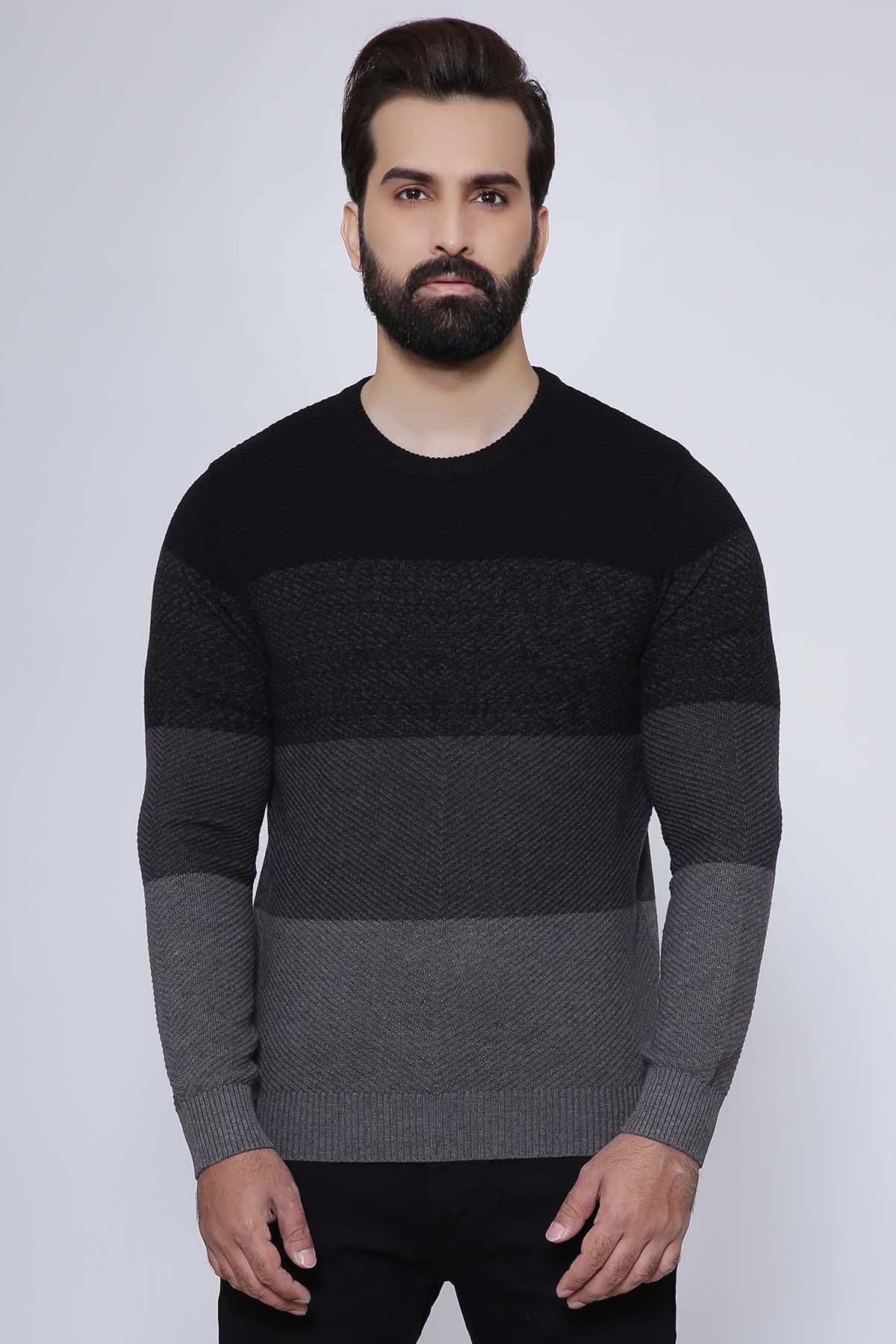 Round-neck sweater with black and gray horizontal color blocks, long sleeves
