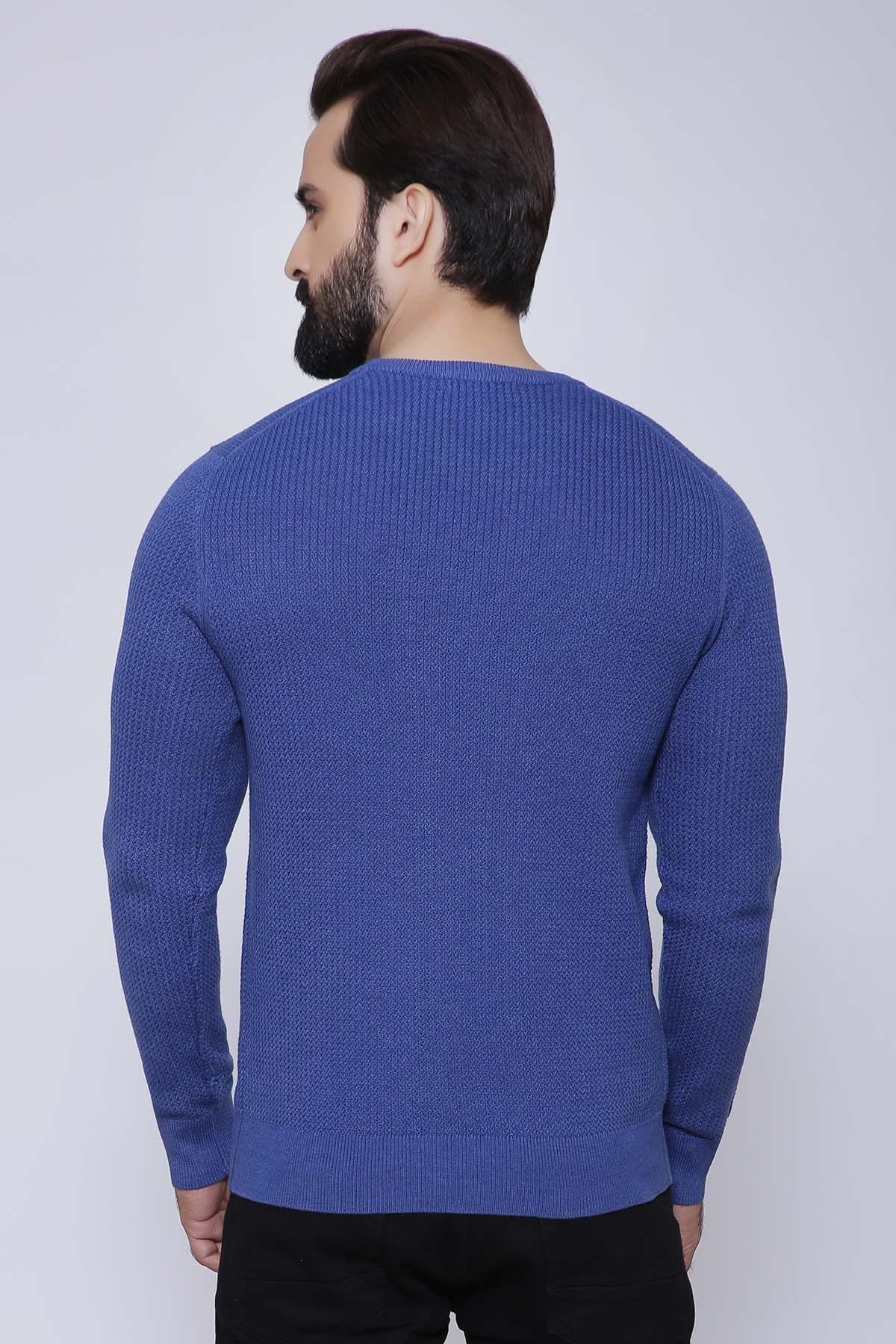 Blue round-neck full-sleeve sweater, back view with ribbed cuffs.