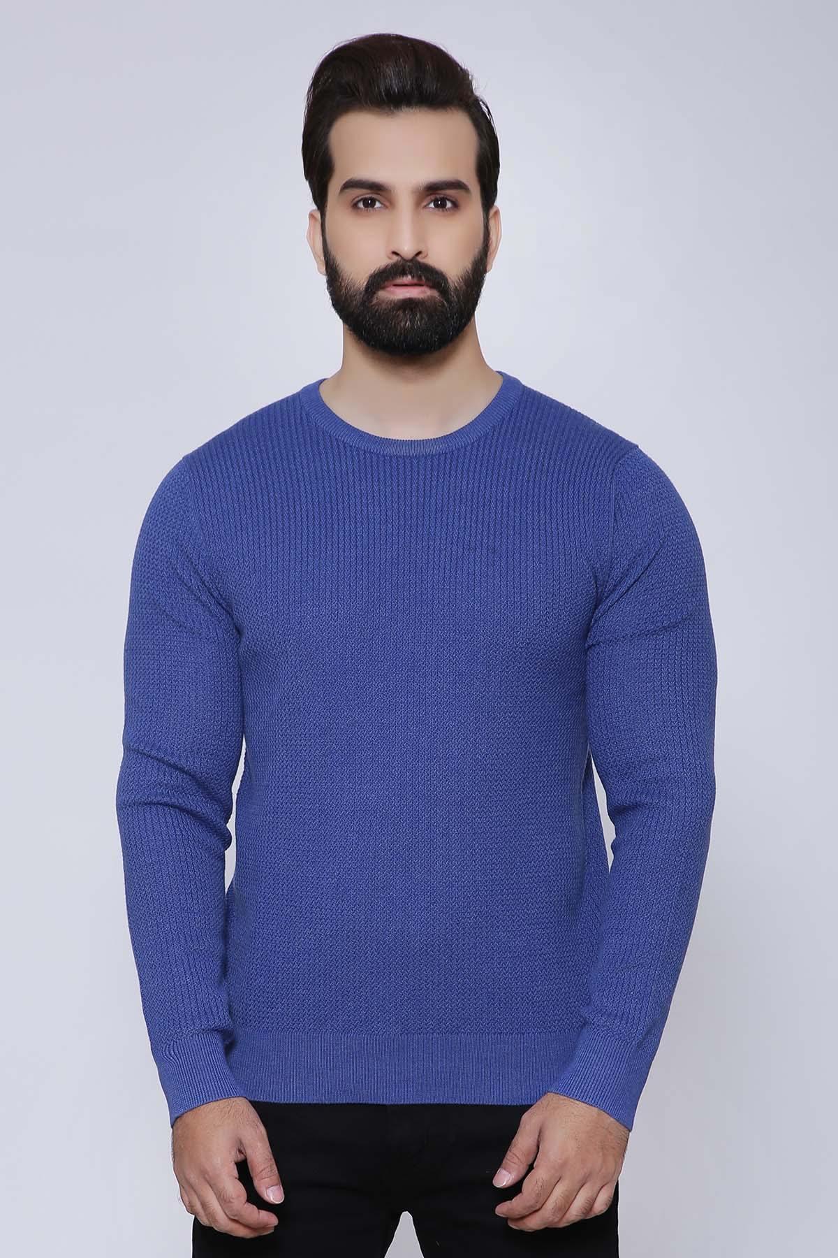 Blue round-neck full-sleeve sweater, ribbed knit hem and cuffs.