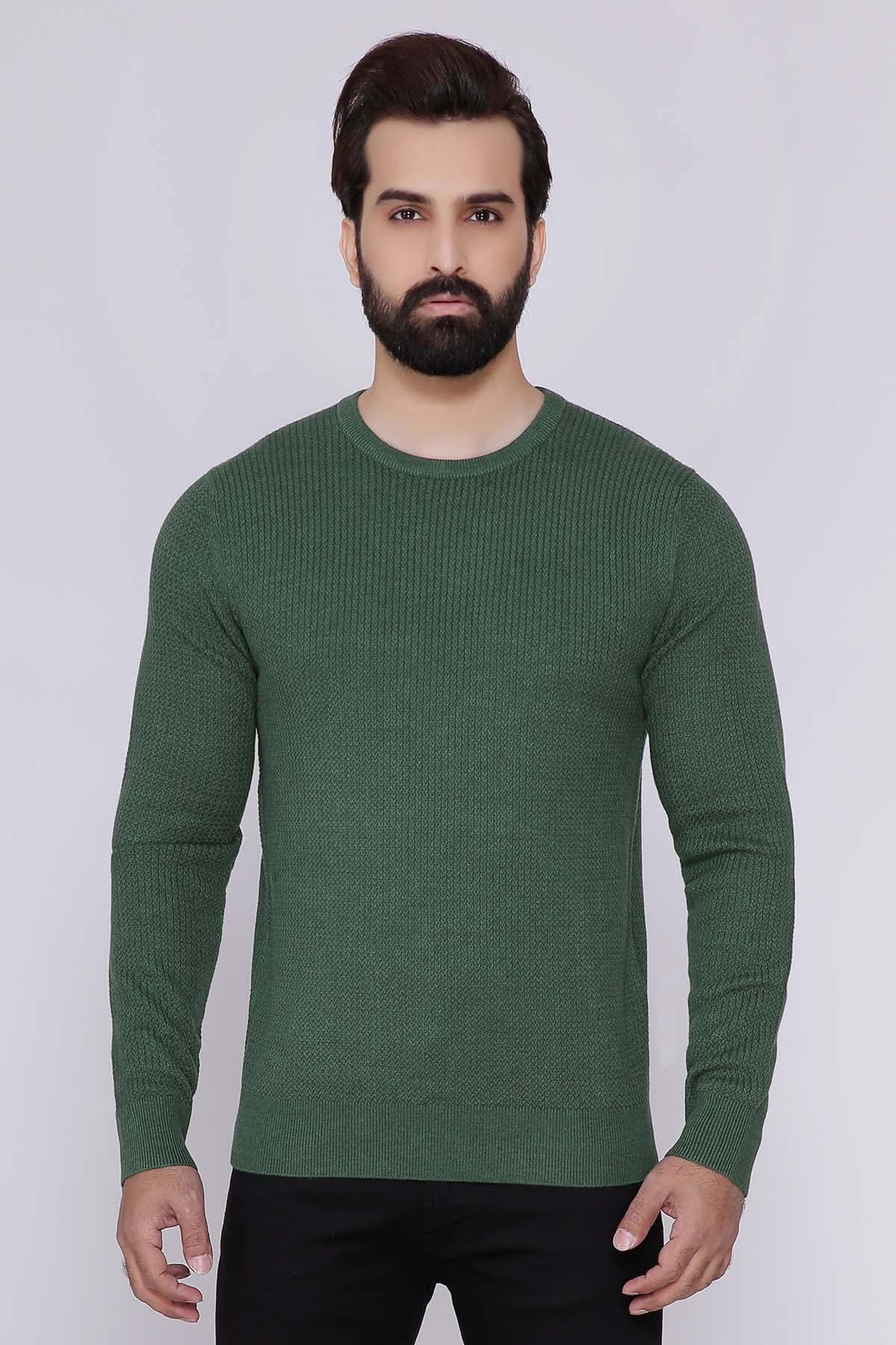 Green crew-neck long-sleeve sweater, ribbed cuffs and hem