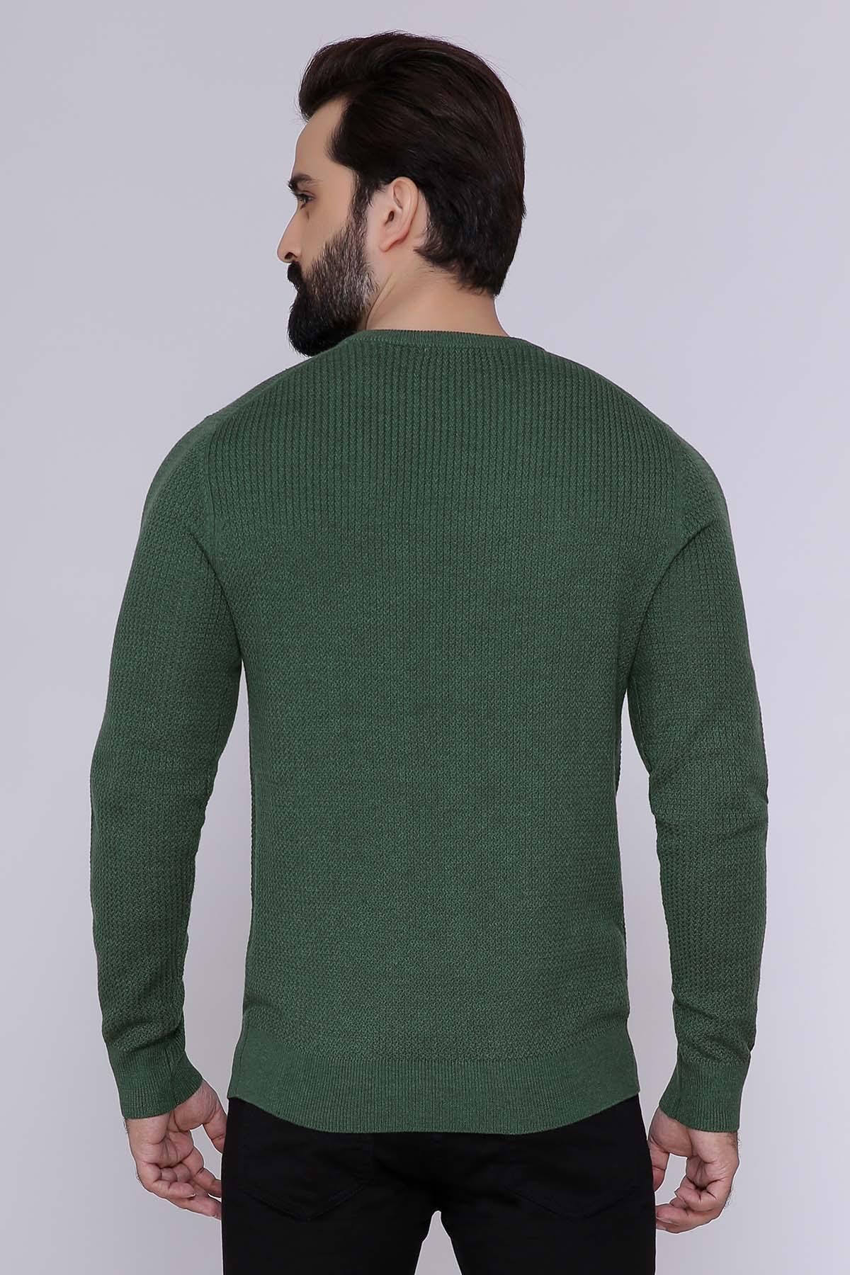 Green crew-neck long-sleeve sweater, back view with ribbed hem