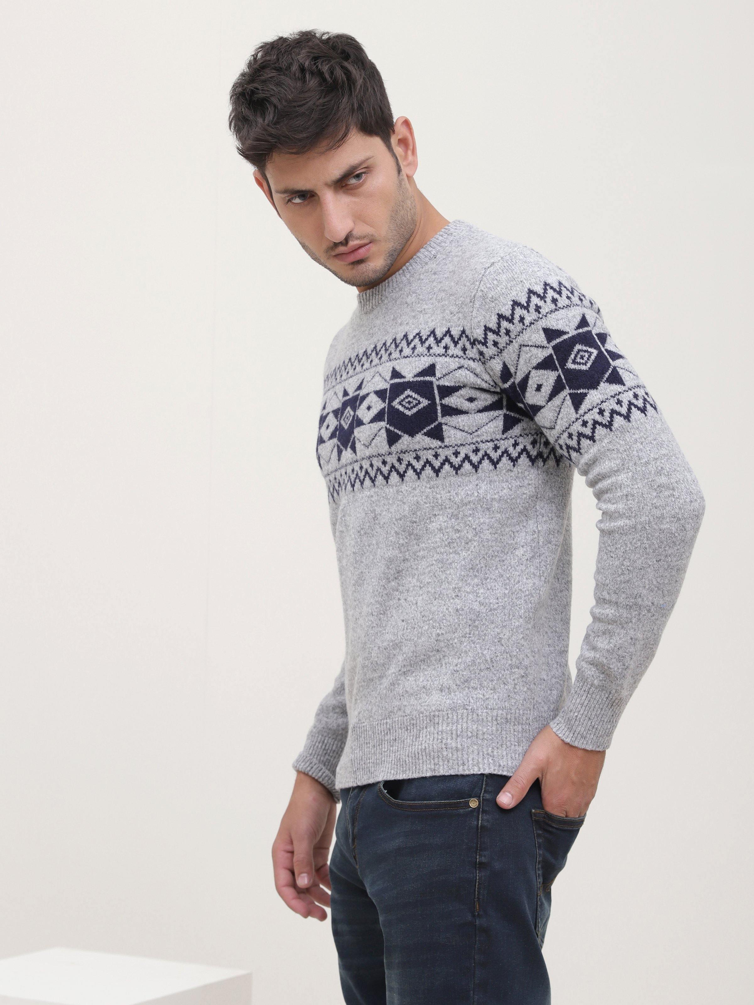 Men's grey-blue sweater, long sleeves, round neck, fair isle geometric yoke