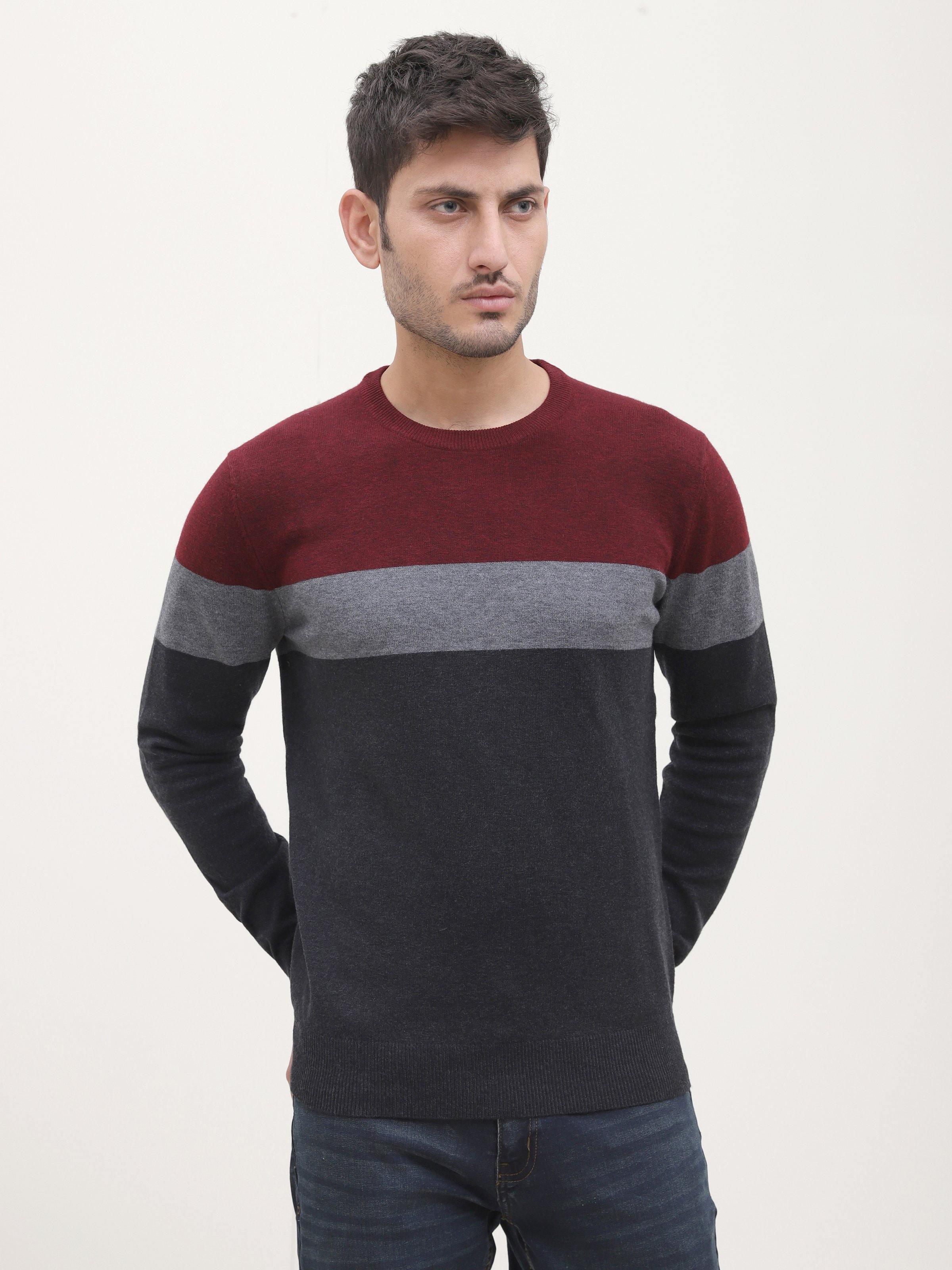 SWEATER ROUND NECK FULL SLEEVE MAHROON GREY at Charcoal Clothing