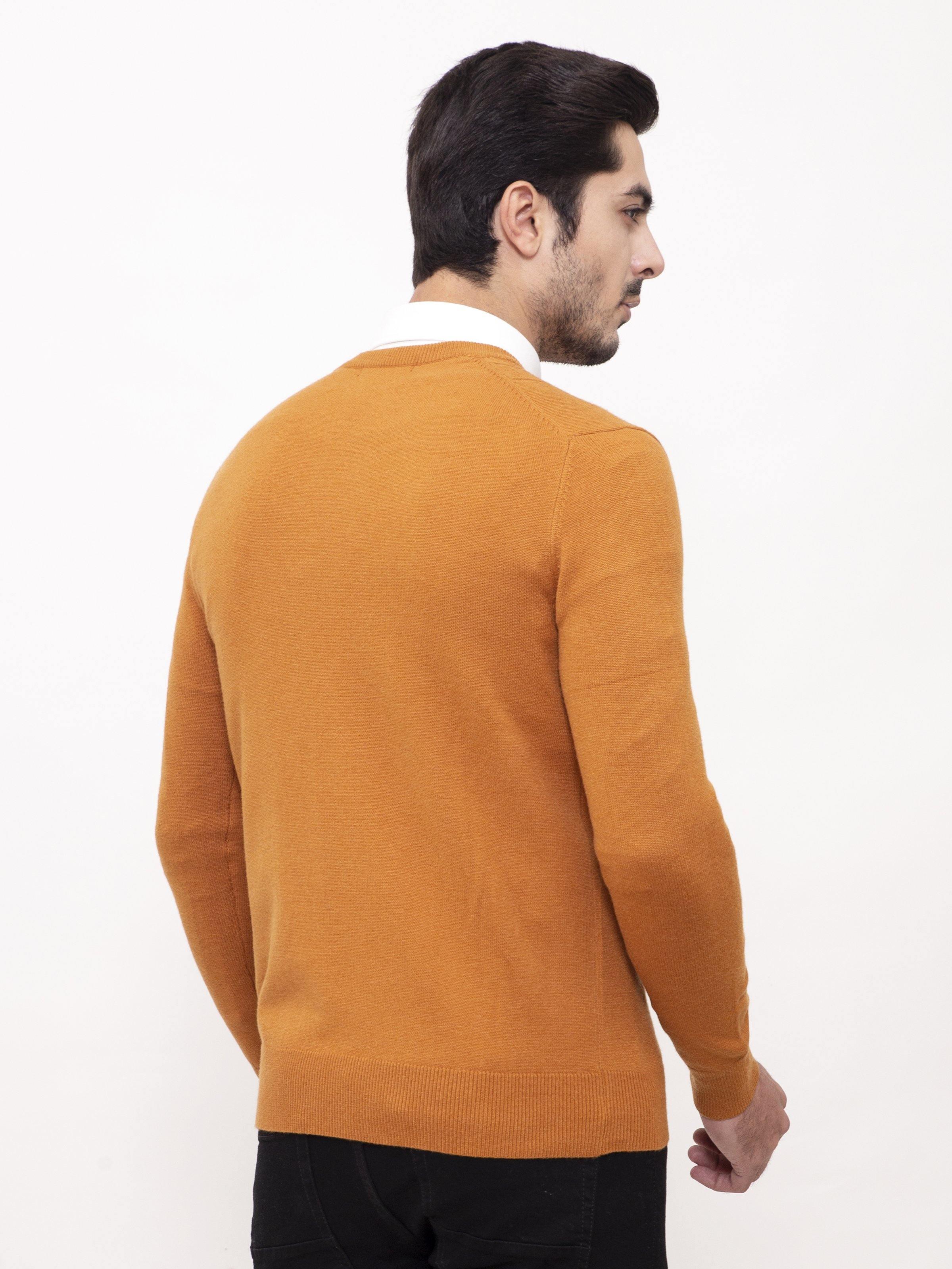 Mustard round-neck full-sleeve sweater, back view with smooth knit finish