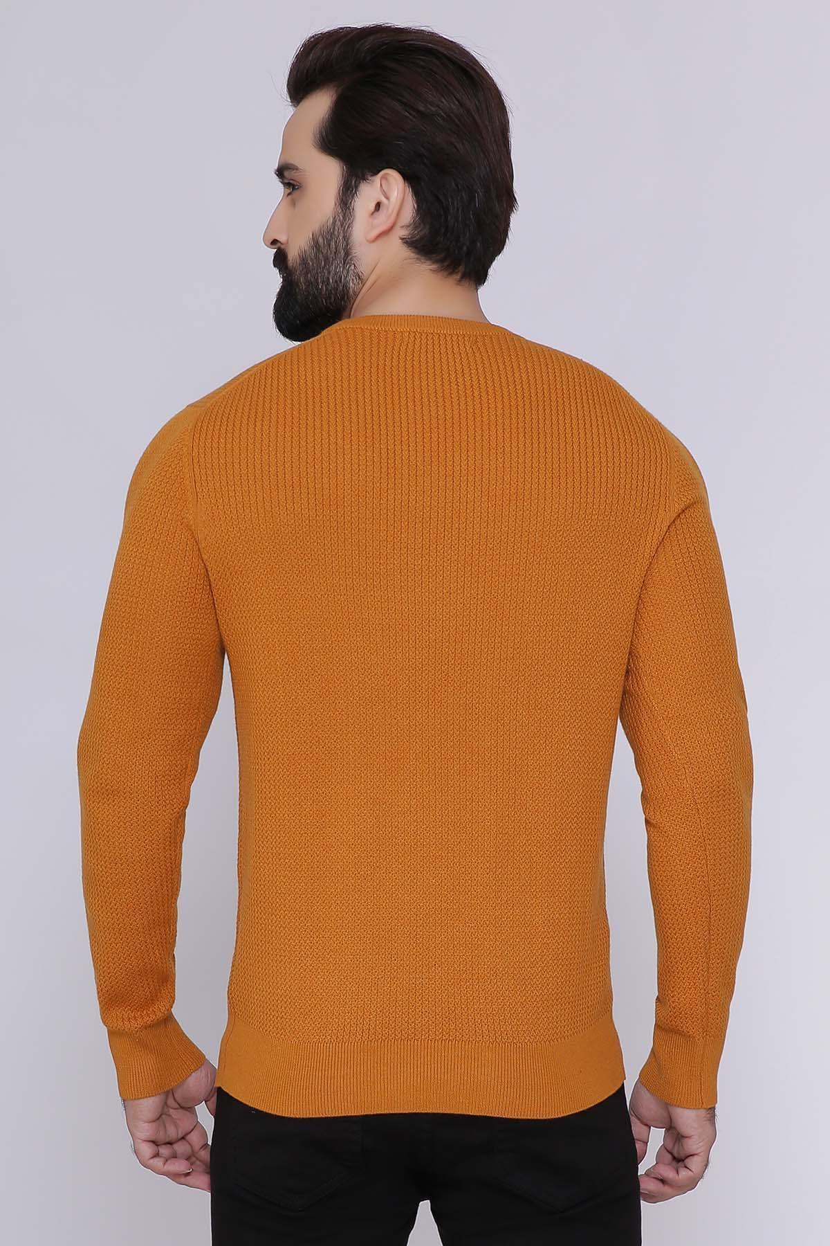 Mustard round-neck full-sleeve sweater, plain back with ribbed cuffs and hem