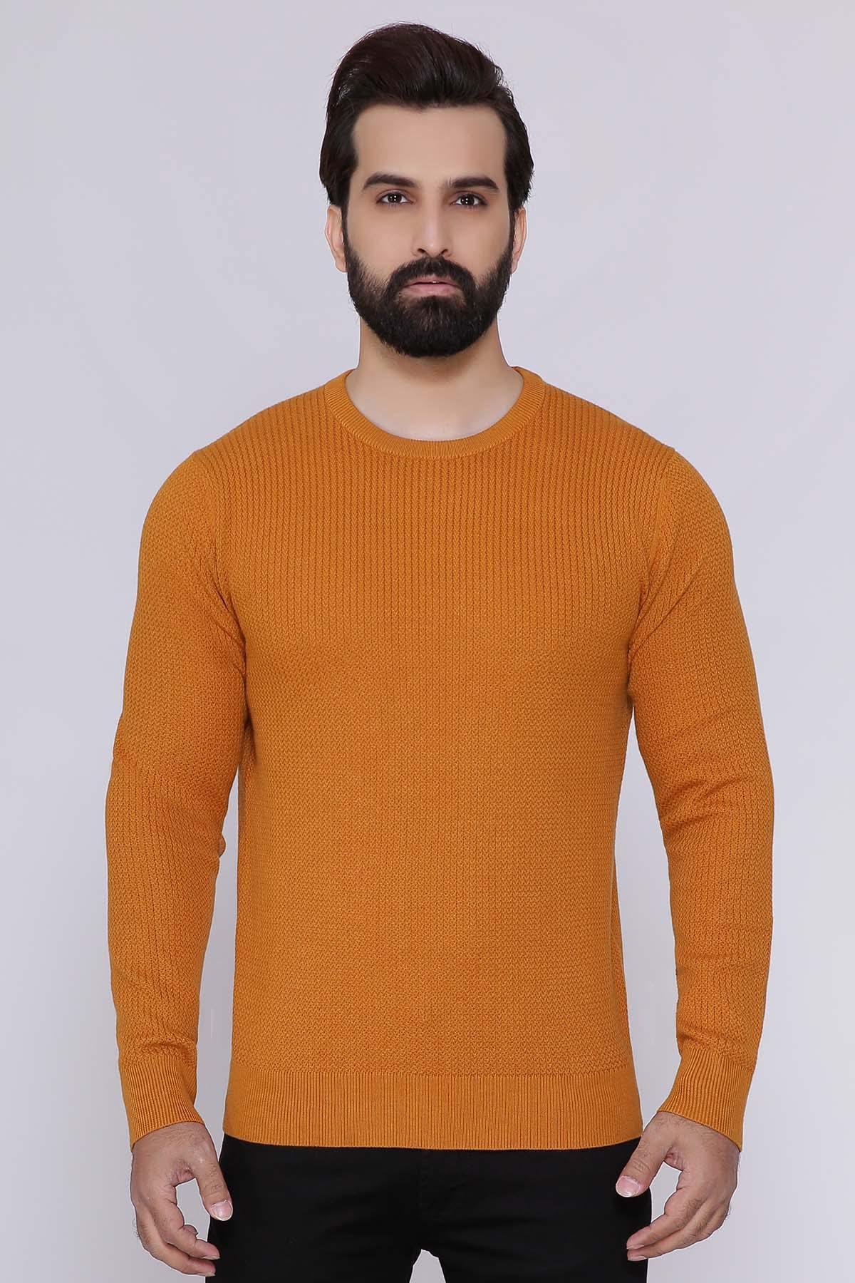 Mustard round-neck full-sleeve sweater, ribbed knit with crew collar