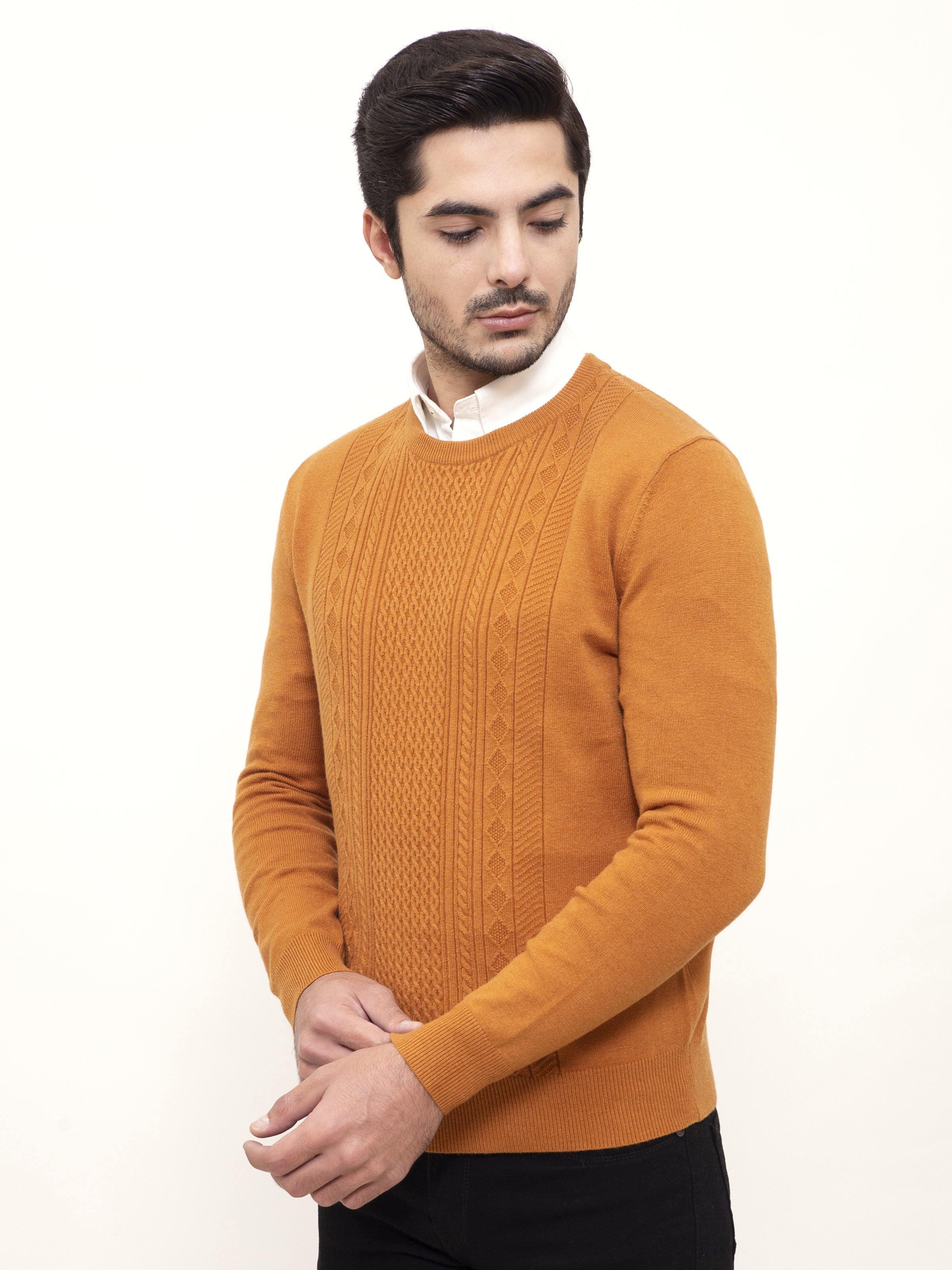 Mustard crewneck full-sleeve sweater with cable knit front and ribbed hem