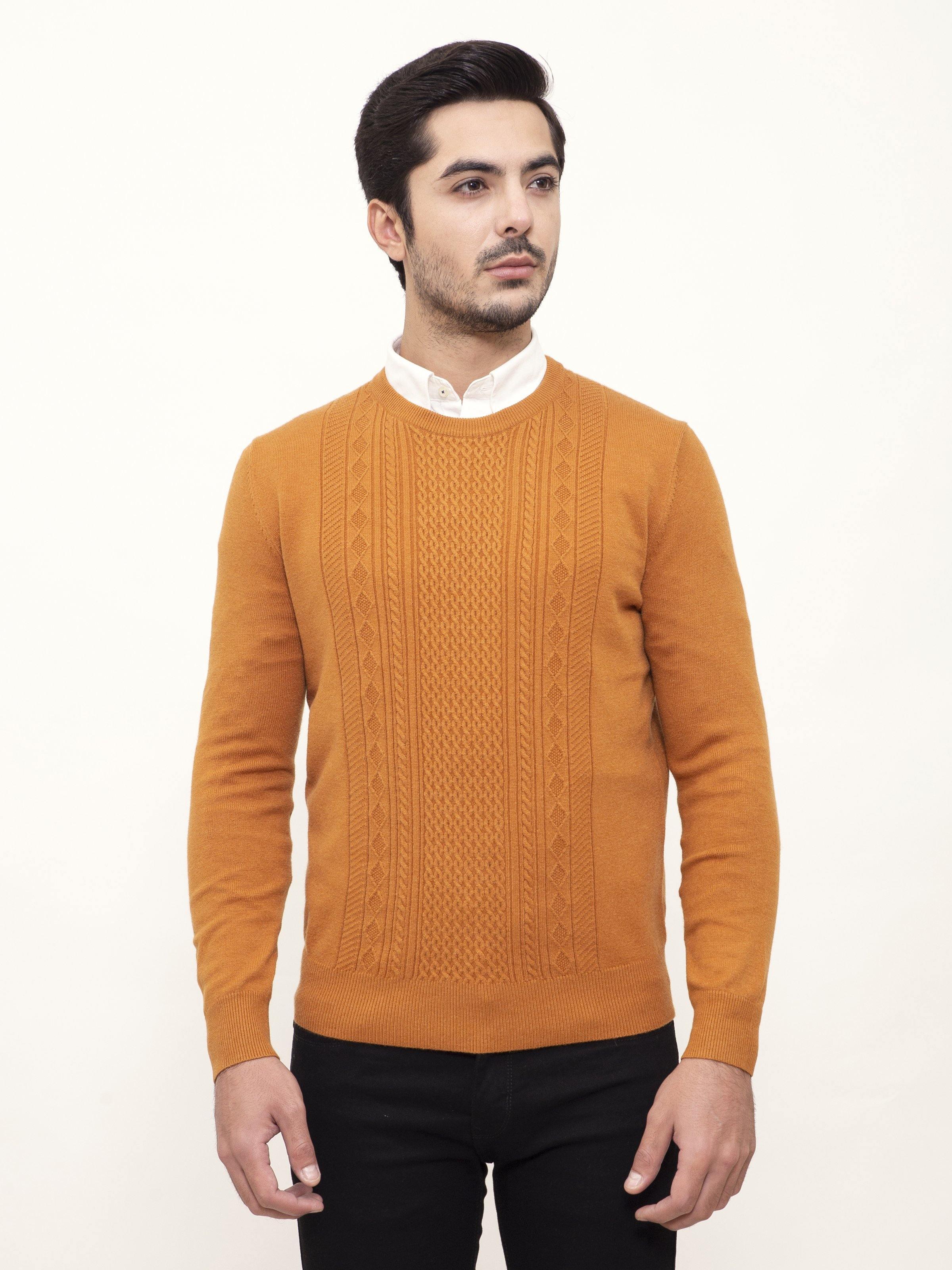 Mustard round-neck full-sleeve sweater with cable knit pattern and ribbed cuffs