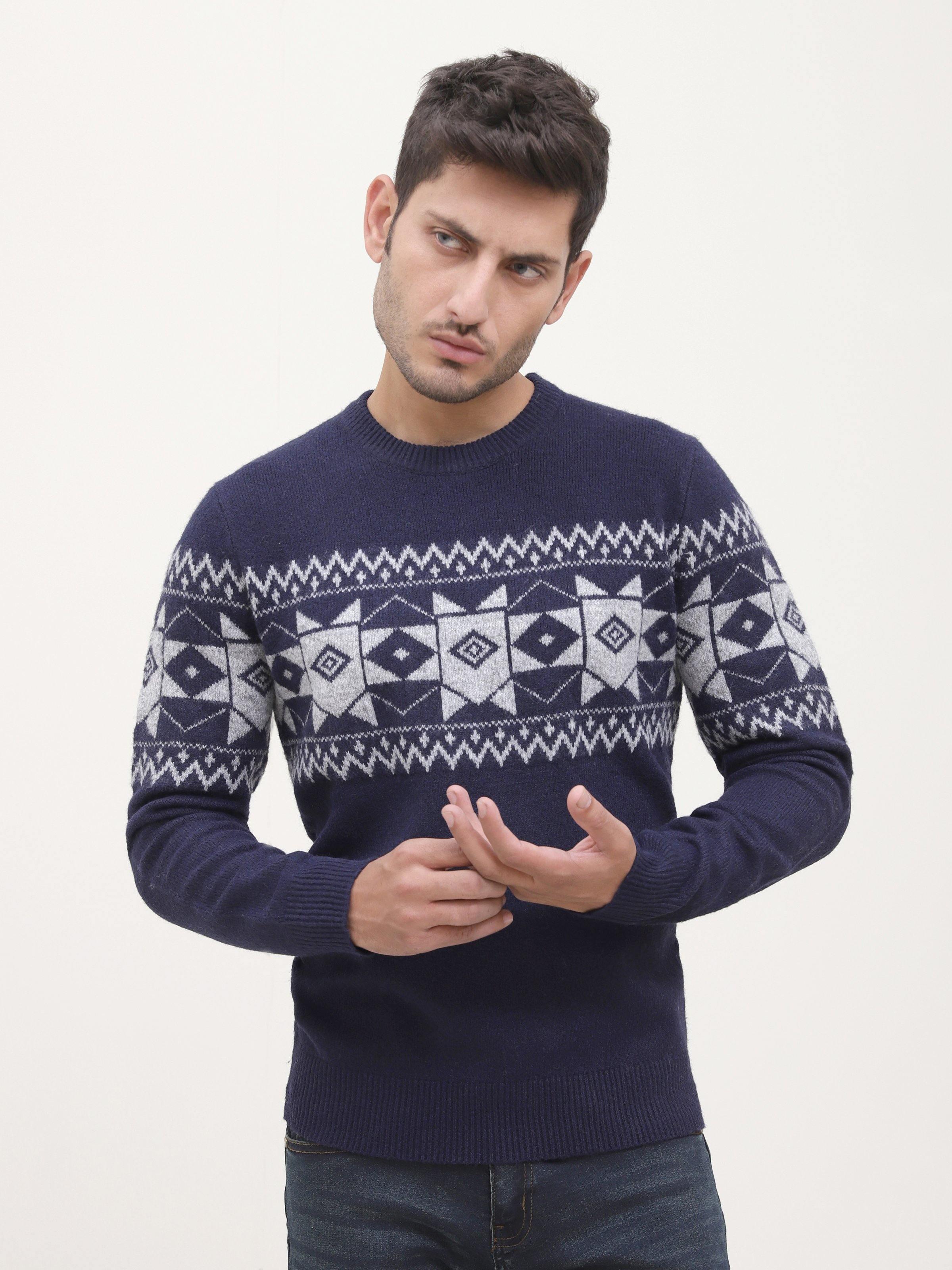 SWEATER ROUND NECK FULL SLEEVE NAVY GREY at Charcoal Clothing