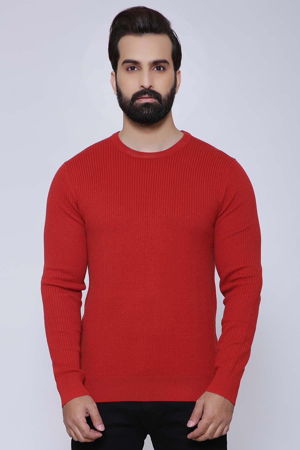 Red maroon crewneck full-sleeve sweater front view with ribbed cuffs and hem