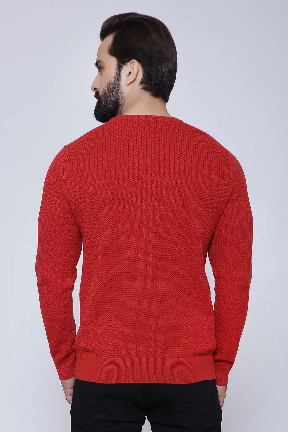Red maroon crewneck full-sleeve sweater, back view with ribbed hem and cuffs