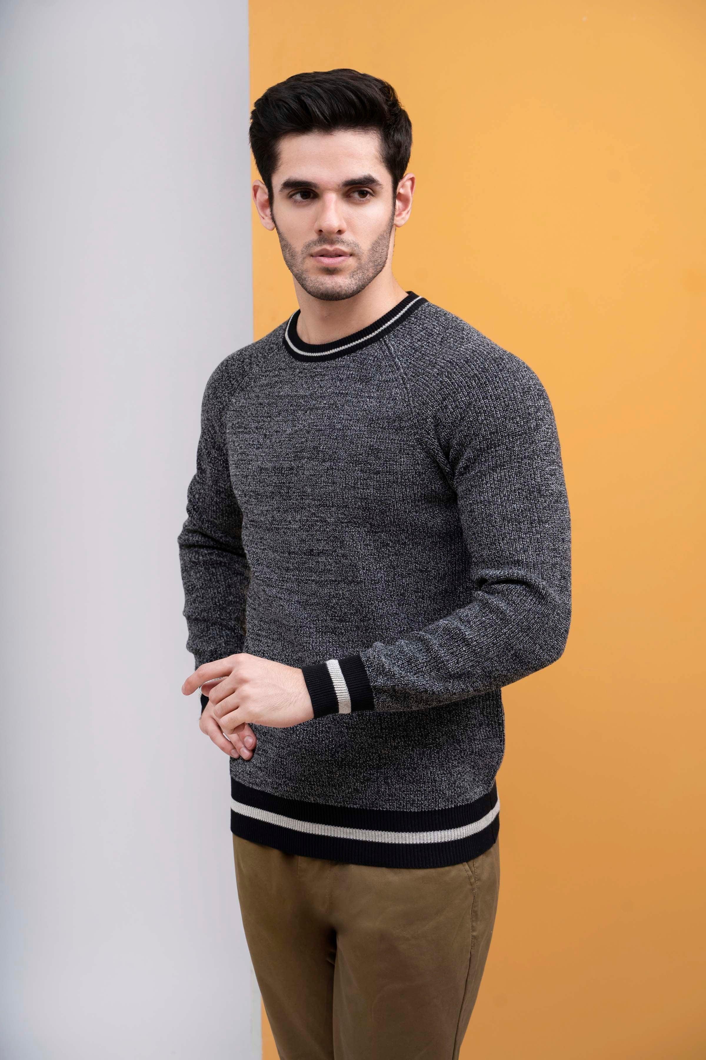 SWEATER ROUND NECK TIPPING FULL SLEEVES BLCK GRAY at Charcoal Clothing