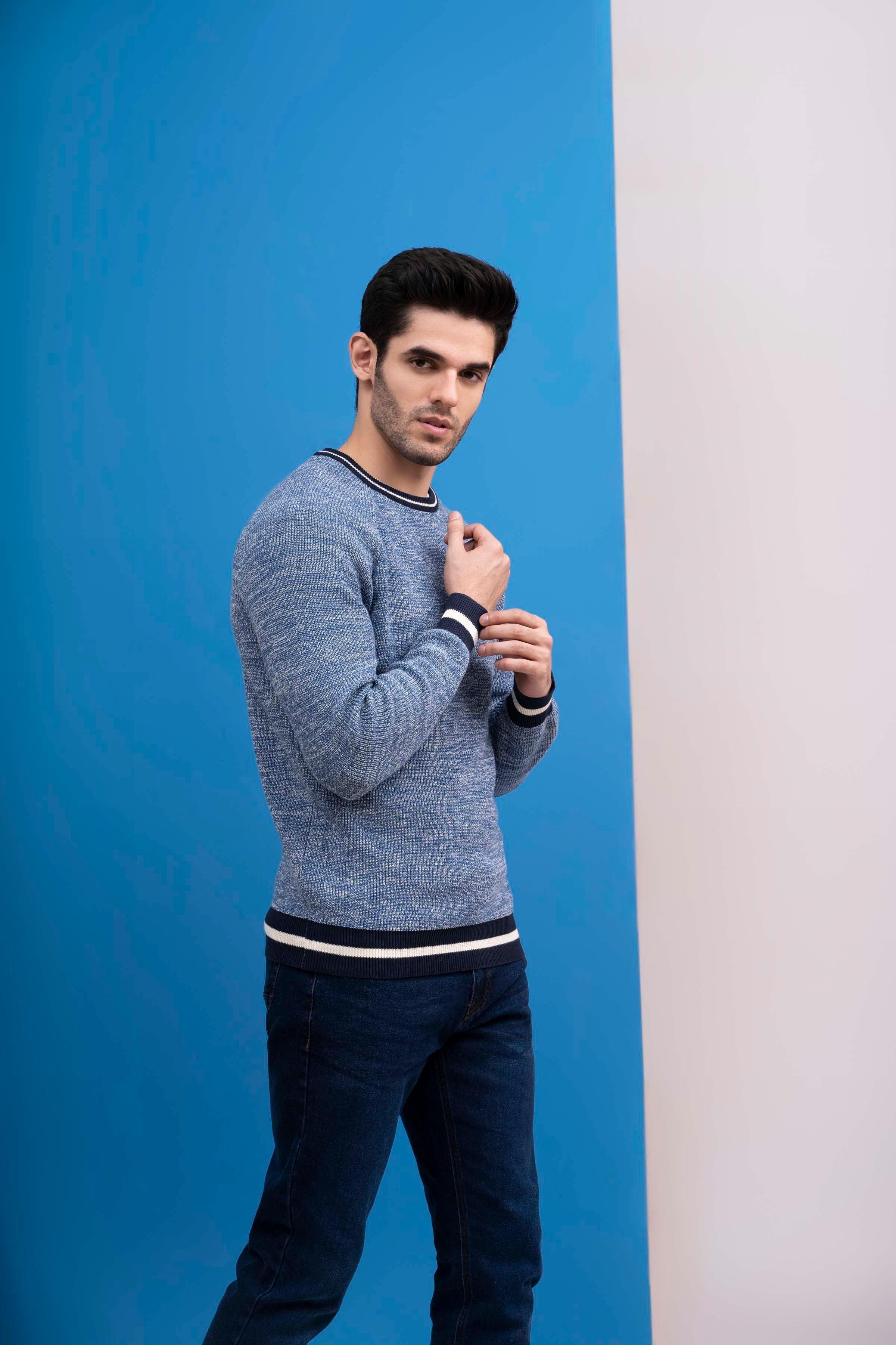 SWEATER ROUND NECK TIPPING FULL SLEEVES BLUE at Charcoal Clothing