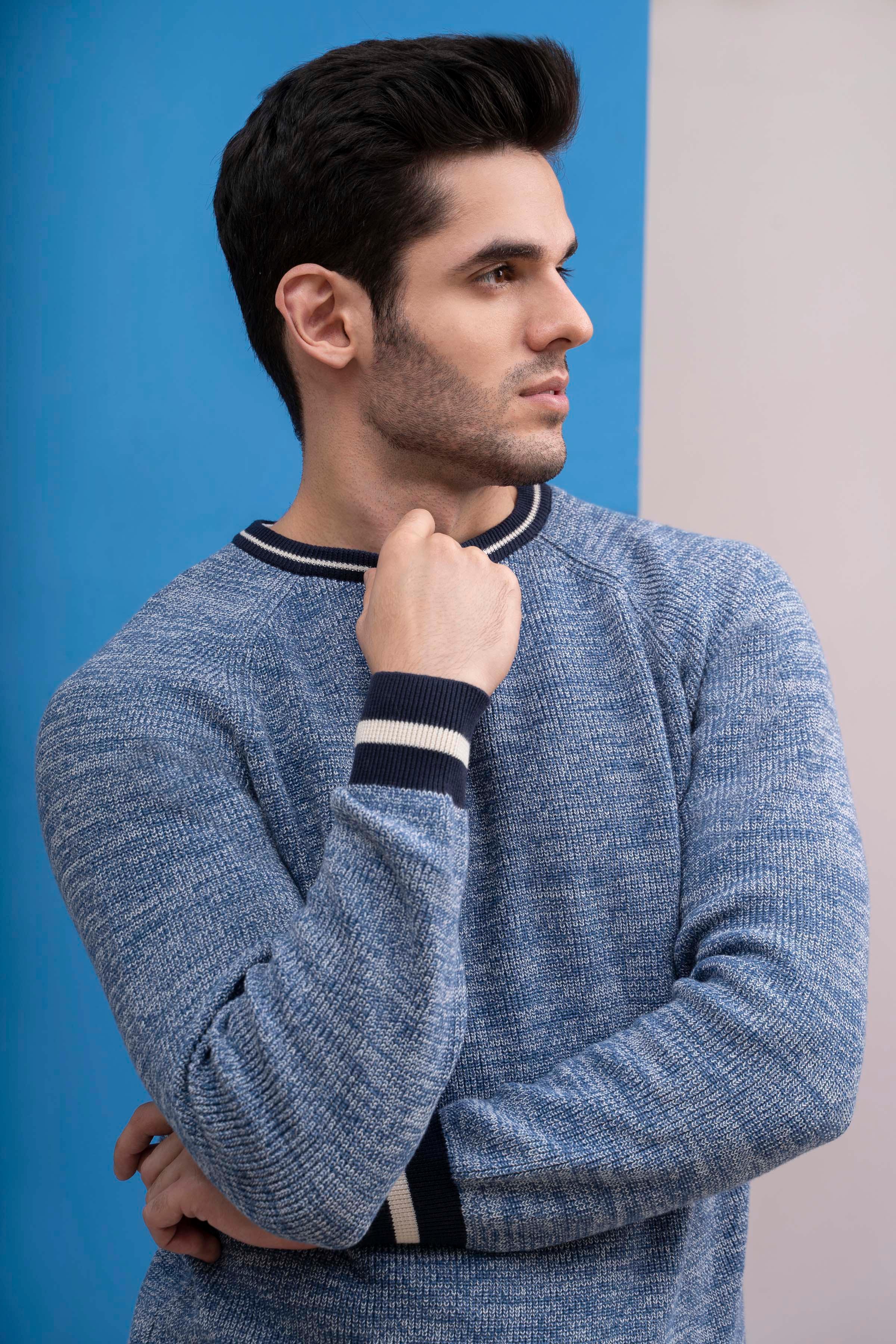 SWEATER ROUND NECK TIPPING FULL SLEEVES BLUE at Charcoal Clothing